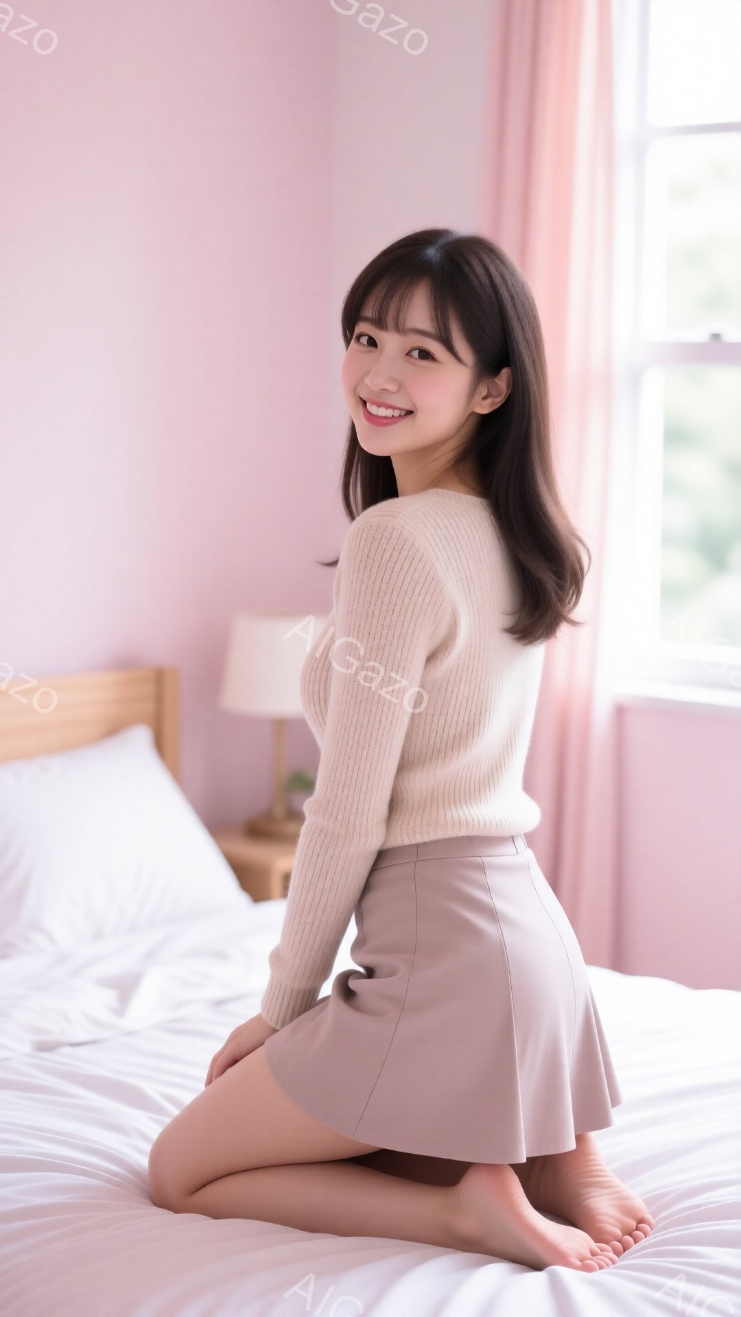 明るい表情の若い女性が、ベージュのニットセーターとスカートを身につけ、白いベッドの上に膝をついて座っています。彼女は微笑んでおり、茶色の長い髪は肩にかかっています。背景には、淡いピンクのカーテンと、窓 - AI生成フリー素材