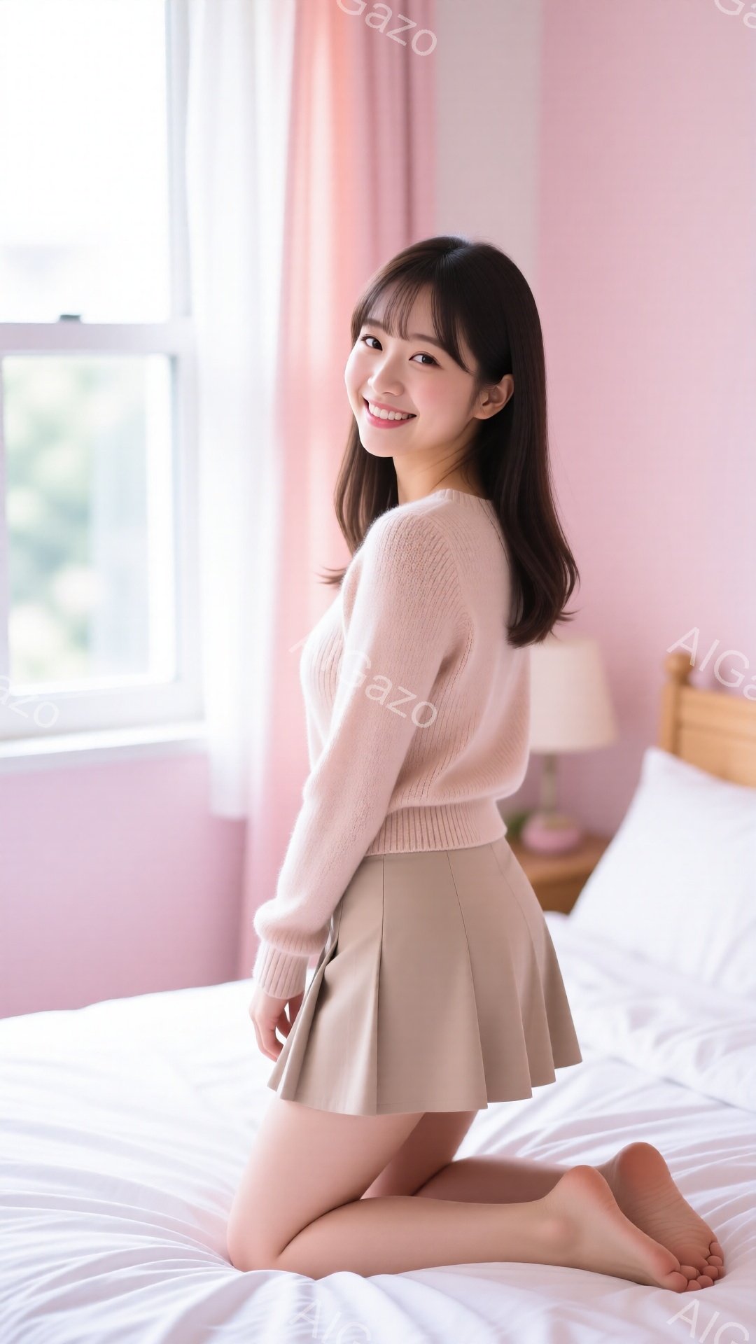 長い茶色の髪をサイドパートにした若い女性が、薄いピンク色のセーターとベージュのフレアスカートを身につけ、白いベッドの上に膝をついています。彼女はカメラに向かって微笑んでおり、リラックスした雰囲気です。 - AI生成フリー素材