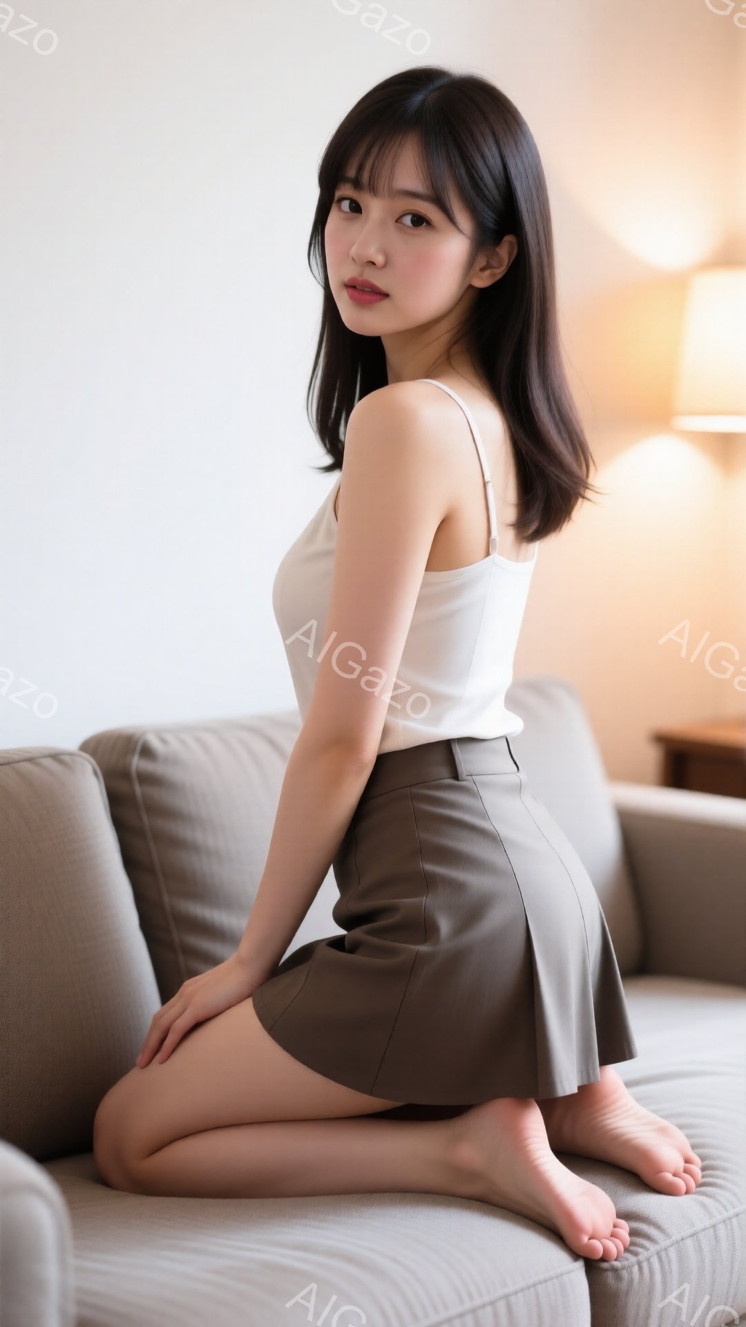 黒髪で前髪のある女性が、ベージュ色のソファに膝を曲げて座っています。白いキャミソールと、茶色のミニスカートを身につけており、素足です。背景には暖色の照明と家具が見え、落ち着いた雰囲気です。 - AI生成フリー素材