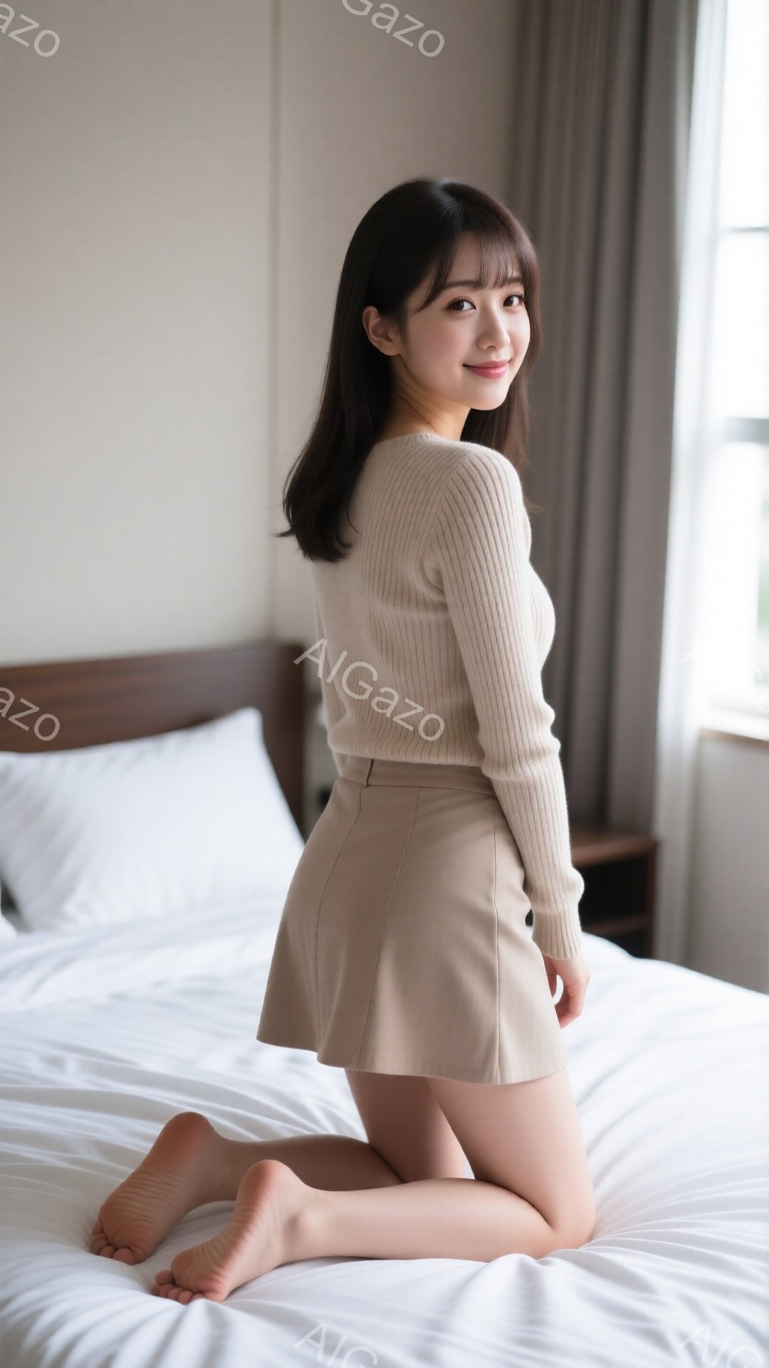 画像には、ベージュのニットセーターとミニスカートを身に着けた若い女性が写っています。彼女はベッドの上で膝をつき、少し微笑んでこちらを見ています。背景はシンプルな寝室で、白いベッドとカーテン、そして薄暗 - AI生成フリー素材