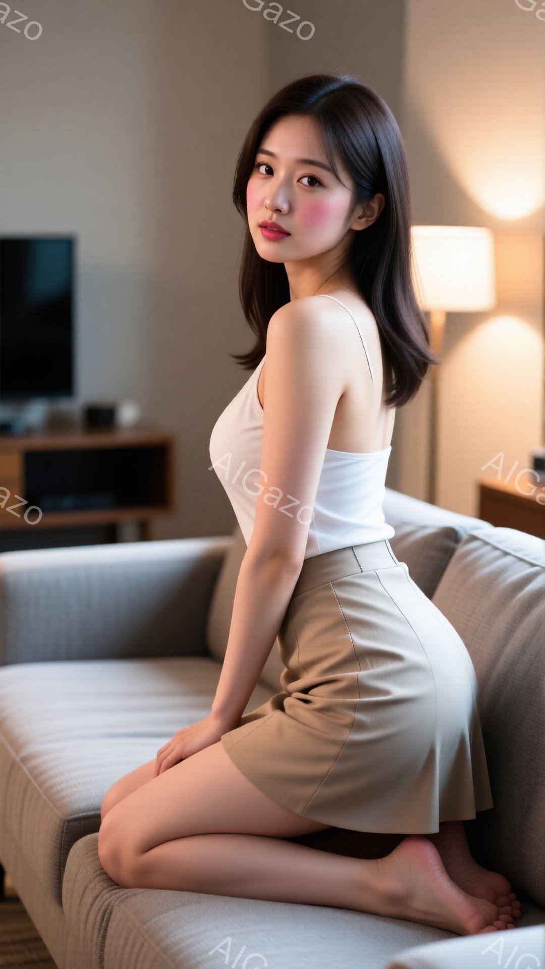 長い茶色の髪を下ろし、ベージュのキャミソールと膝丈のスカートを着用した若い女性が、明るい色のソファに膝を曲げて座っています。彼女は少し振り返り、微笑んでおり、裸足でリラックスした雰囲気を醸し出していま - AI生成フリー素材