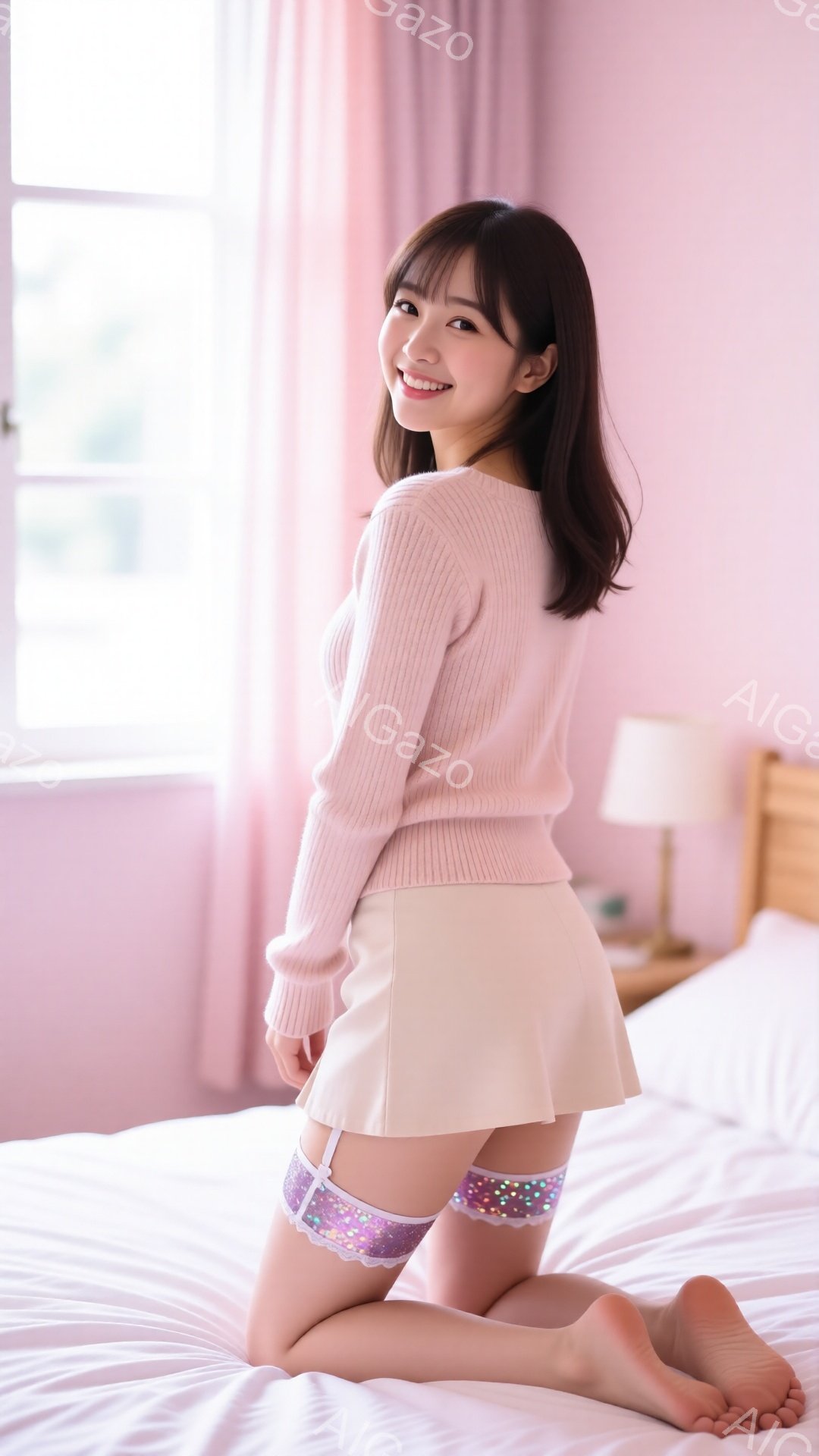 明るい室内で、ピンク色のセーターと短いスカートを身につけた女性が跪いています。彼女は微笑んでおり、ピンクと紫のラメが施されたサスペンダーが脚に光っています。背景にはベッドとテーブルランプがあり、全体的に柔らかく優しい雰囲気です。