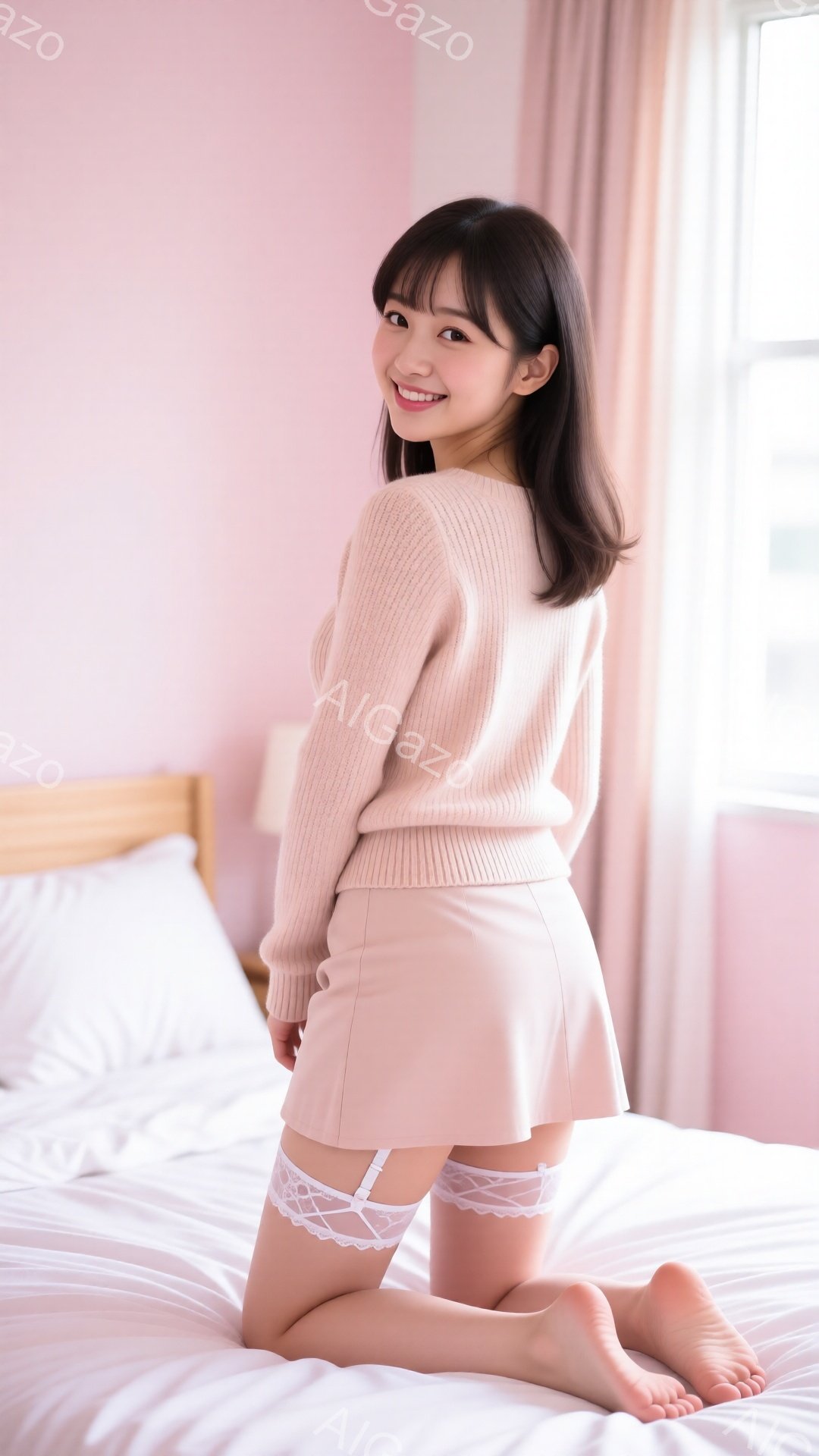 明るい室内で、膝をついて微笑む若い女性が写っている。彼女は、薄いピンク色のセーターとスカートを身に着け、白いレースのガーターベルトを着用している。背景には白いベッドと薄いピンク色のカーテンが見え、全体 - AI生成フリー素材