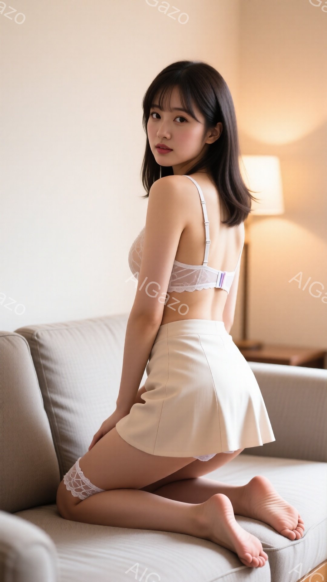 黒髪の女性がソファーに跪いて座っており、オフホワイトのブラとスカートを着用しています。彼女は正面を向き、少し微笑んでおり、落ち着いた雰囲気が漂っています。背景にはぼやけた家具が見え、室内であることがわかります。