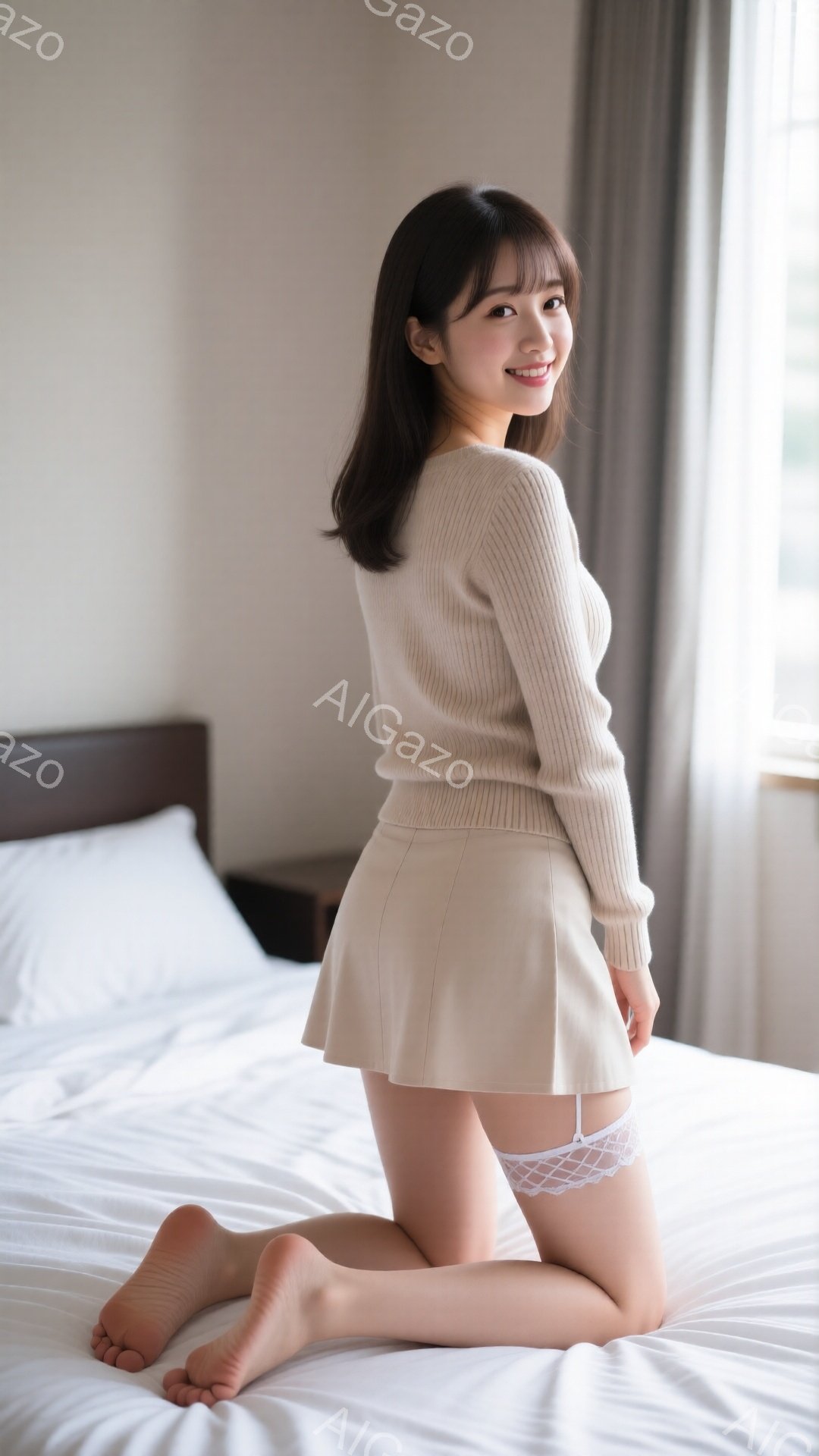 金髪の女性がベージュのニットトップスとミニスカートを着用し、白いレースのガーターベルトを付けてベッドの上で膝をついています。彼女は微笑んでおり、少し振り返ってこちらを見ています。背景は淡い色調で、窓からの自然光が差し込んでおり、全体的に柔らかく暖かい雰囲気です。
