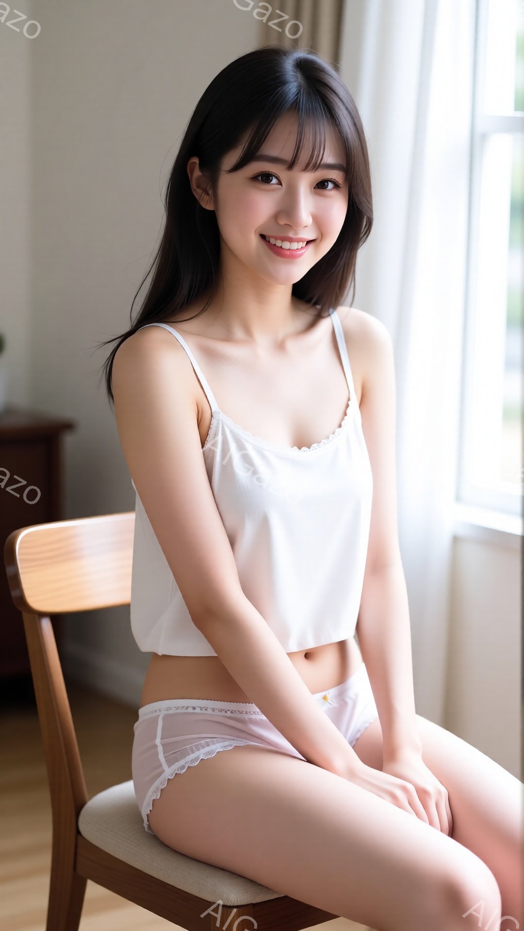 長い黒髪を肩にかかり、前髪を少しだけおろした女性が、明るい室内で椅子に座っています。白いキャミソールと、薄いピンク色のレースのついた下着姿で、笑顔を浮かべています。背景には木製の家具が見え、自然光が差し込み、穏やかで親しみやすい雰囲気を醸し出しています。