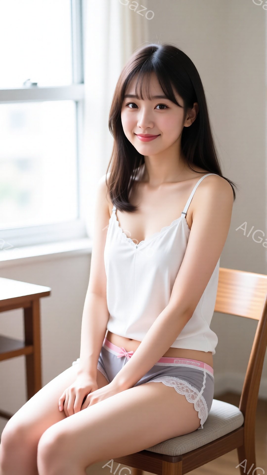 長い黒髪を肩まで垂らし、前髪は眉毛にかかるように流している女性が椅子に座っている。白いキャミソールとピンクの縁取りが施された可愛らしいショートパンツを身に着け、微笑みを浮かべている。背景には窓と建物が - AI生成フリー素材