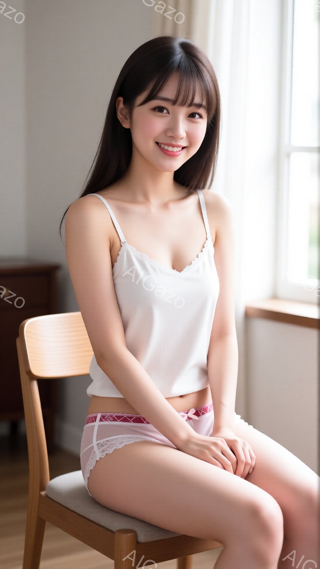 長い黒髪で、前髪は眉毛にかかるようにカットされた女性が椅子に座っています。白いキャミソールとピンクのレースの付いた下着を着ており、微笑んでいます。背景には木製の家具と窓があり、明るく柔らかい雰囲気です - AI生成フリー素材