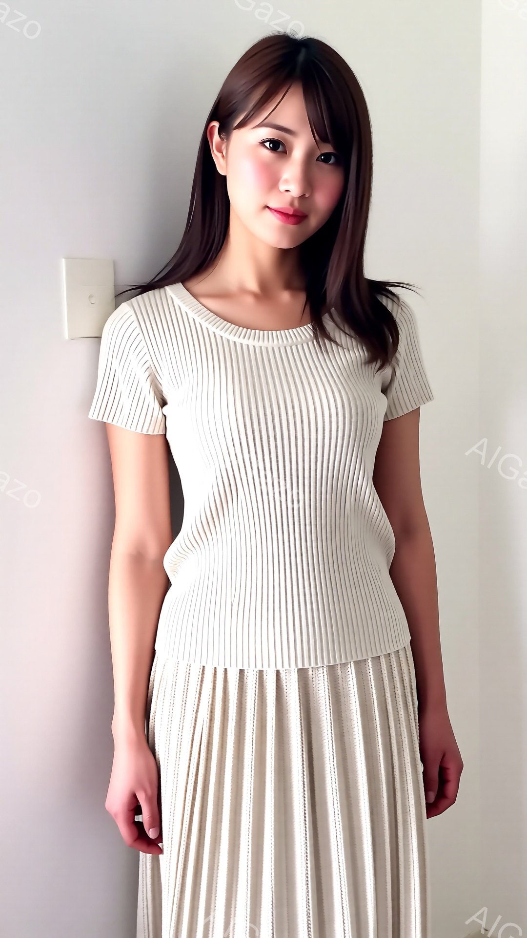画像には、ベージュ色のリブニットのトップスとプリーツスカートを身に着けた女性が写っています。彼女は長いダークブラウンの髪を肩にかかり、穏やかな笑顔を浮かべています。背景は薄いクリーム色の壁で、シンプルな内装の部屋の一部のようです。