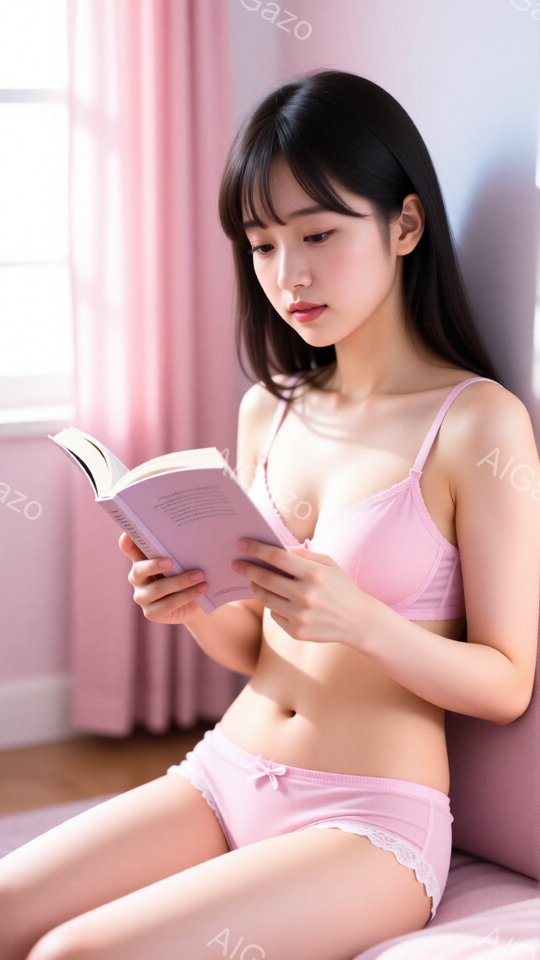 長い黒髪の女性がピンク色のソファに座って本を読んでいます。彼女はピンク色のブラとショーツを身につけており、リラックスした表情で前かがみになっています。背景は薄いピンク色のカーテンと白い壁で、柔らかく穏 - AI生成フリー素材