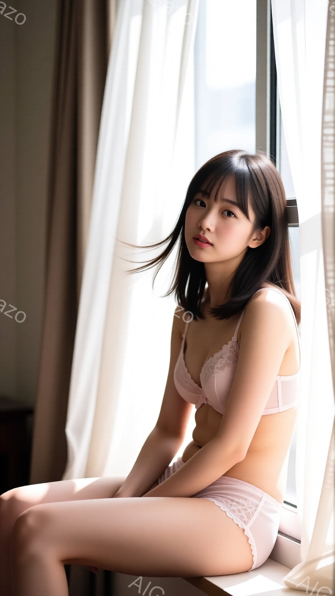 明るい窓辺に座る若い女性が写っている。彼女は淡いピンク色のレースのブラジャーとショーツ姿で、肩までの長さの黒髪は少しカールしている。リラックスした表情で、カメラを見つめ、優しい光が彼女を照らしている。