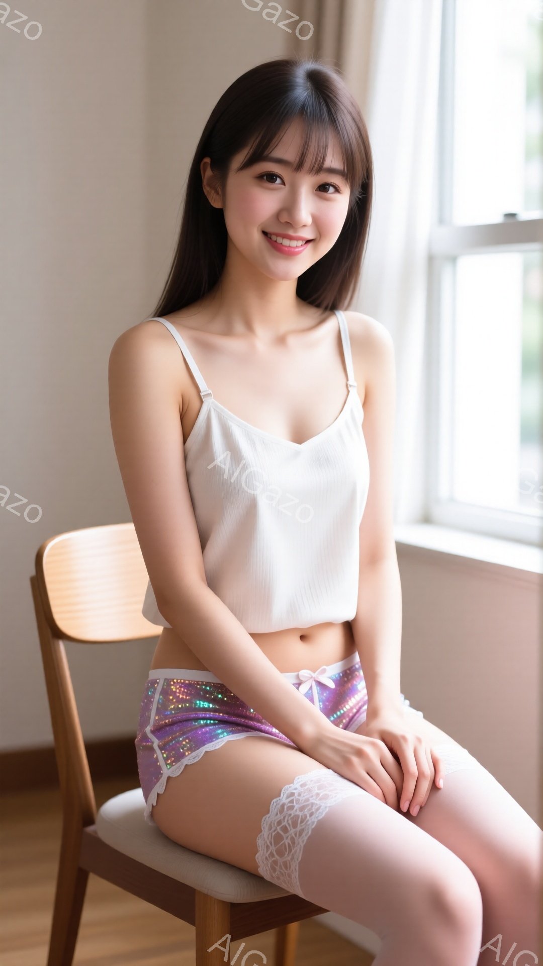 長い黒髪で前髪がぱっつんの女性が、白いキャミソールと、紫とピンクのパステルカラーのショートパンツ、白いレースのついたソックスを着用して椅子に座っています。彼女は微笑んでおり、リラックスした雰囲気です。 - AI生成フリー素材