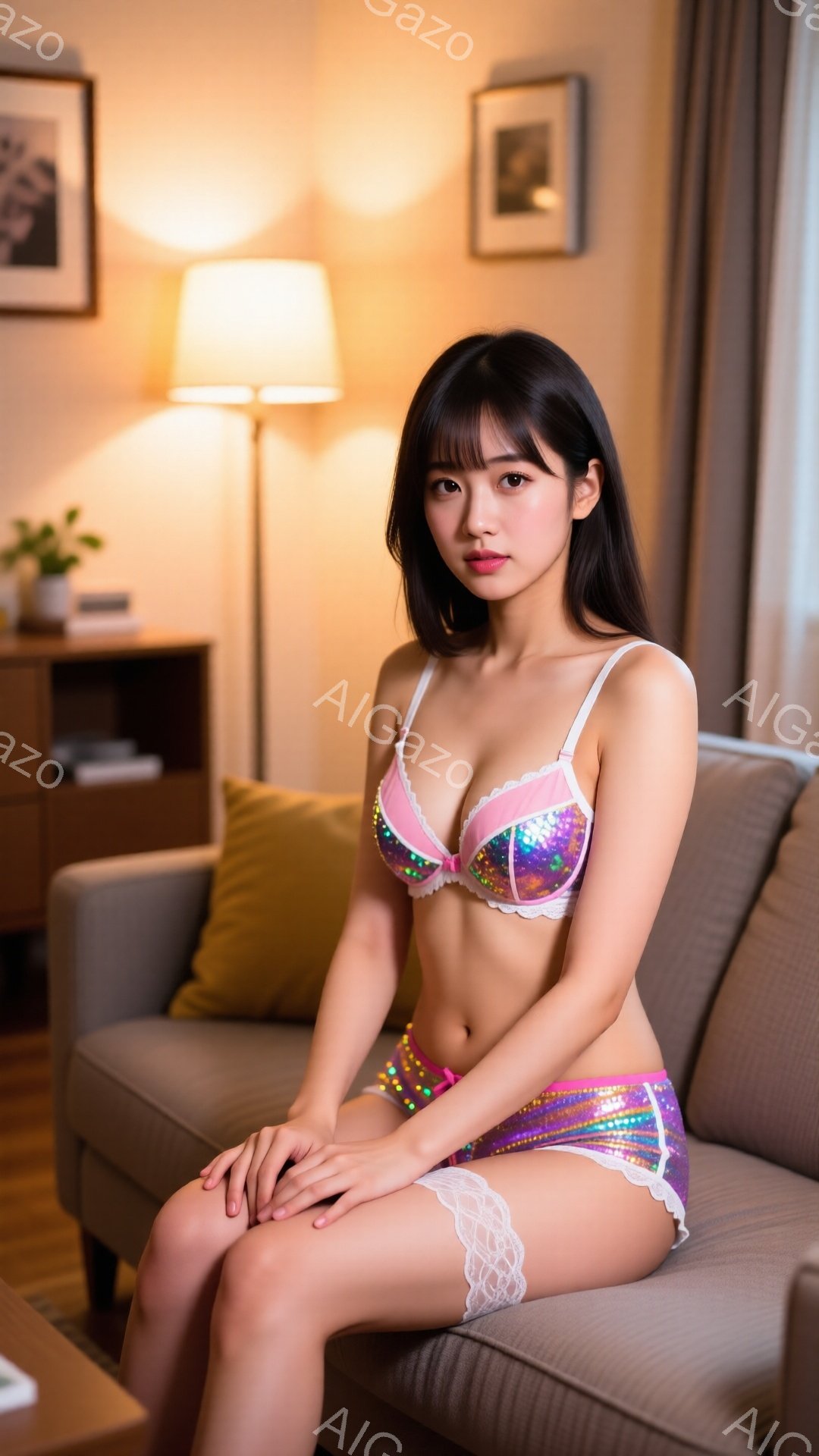 長い黒髪で前髪のある若い女性が、明るいベージュ色のソファに座っています。彼女はピンクと紫のラメが施されたブラとショーツのセットを着ており、白いレースのガーターベルトを着用しています。背景には木製のキャビネット、金色のクッション、そして暖かい光を放つフロアランプが見え、居心地の良いリビングルームの雰囲気が漂っています。