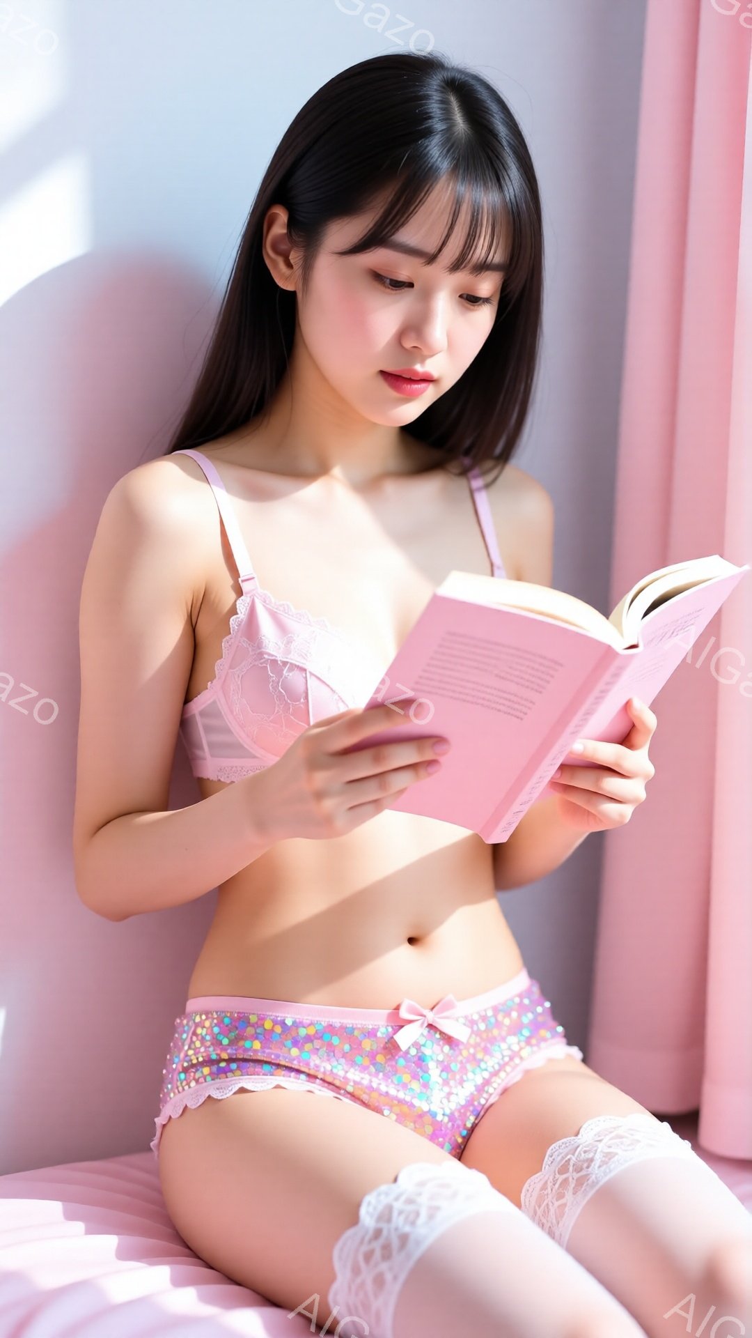 長い黒髪を肩で分けている女性が、ピンク色のベッドの上に座って本を読んでいます。ピンク色のレースのブラと、キラキラした水玉模様のショーツ、そして膝丈のレースのソックスを身につけており、表情は穏やかで少し微笑んでいます。背景は薄いピンク色の壁で、窓から差し込む光が柔らかい雰囲気を醸し出しています。