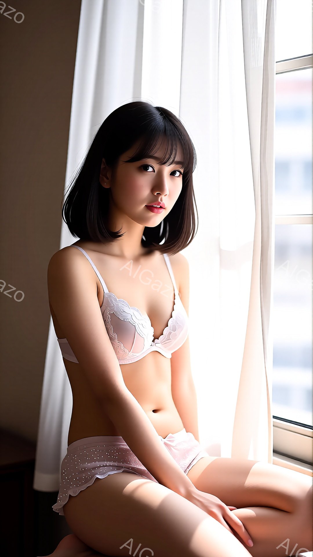 黒髪のボブヘアで、前髪は眉毛にかかるようにカットされた女性が描かれている。彼女はレースのブラとショーツを身に着け、白いカーテンのそばで足を組んで座っている。背景は窓から差し込む光に照らされた都市の風景で、明るく透明感のある雰囲気が漂っている。