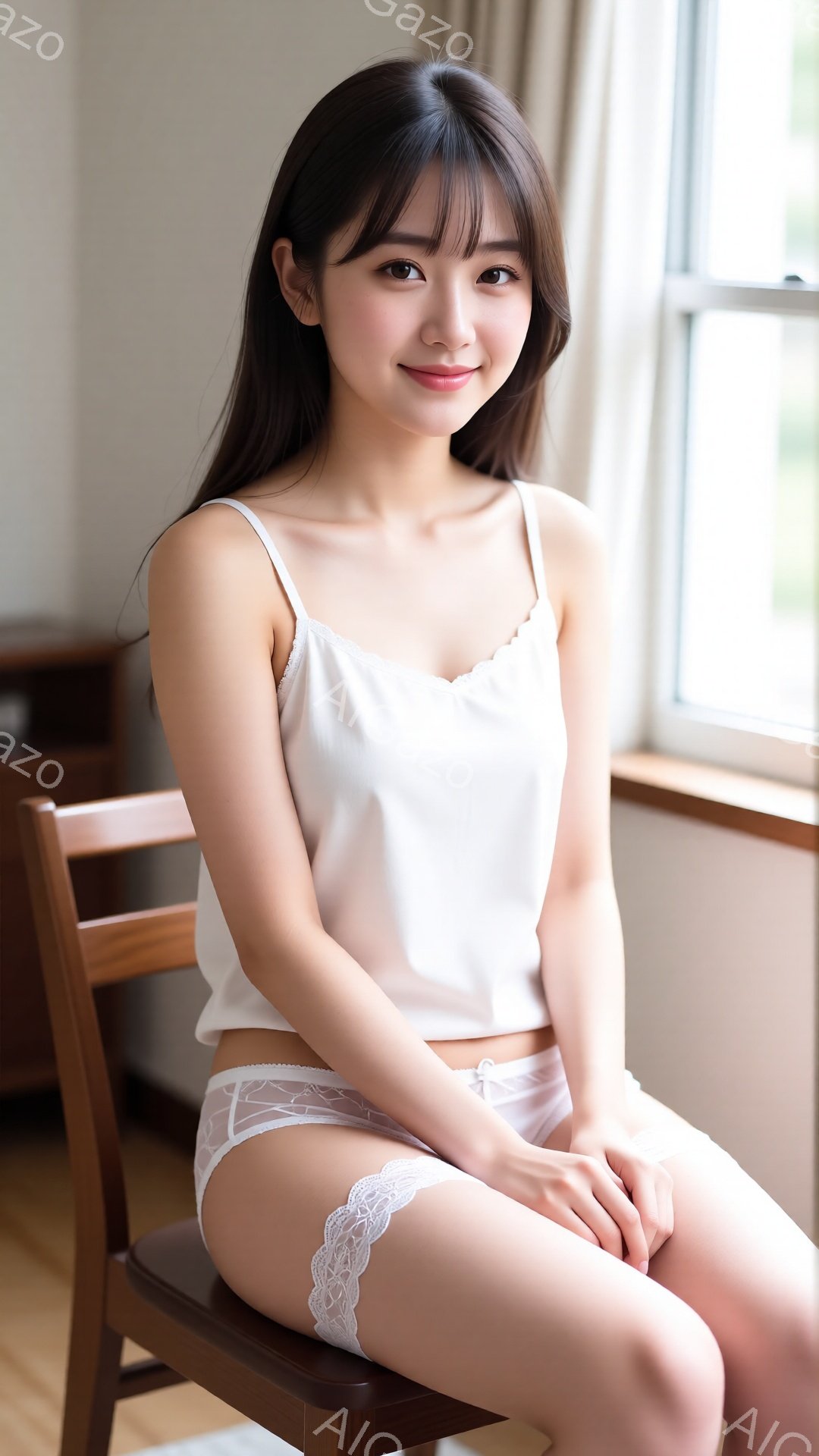 長い黒髪を肩にかかった状態で座っている女性が写っています。白いキャミソールとレースのついた下着姿で、少し微笑んだ表情をしています。背景には木製の椅子と窓があり、柔らかい光が差し込んで、家庭的な雰囲気を - AI生成フリー素材