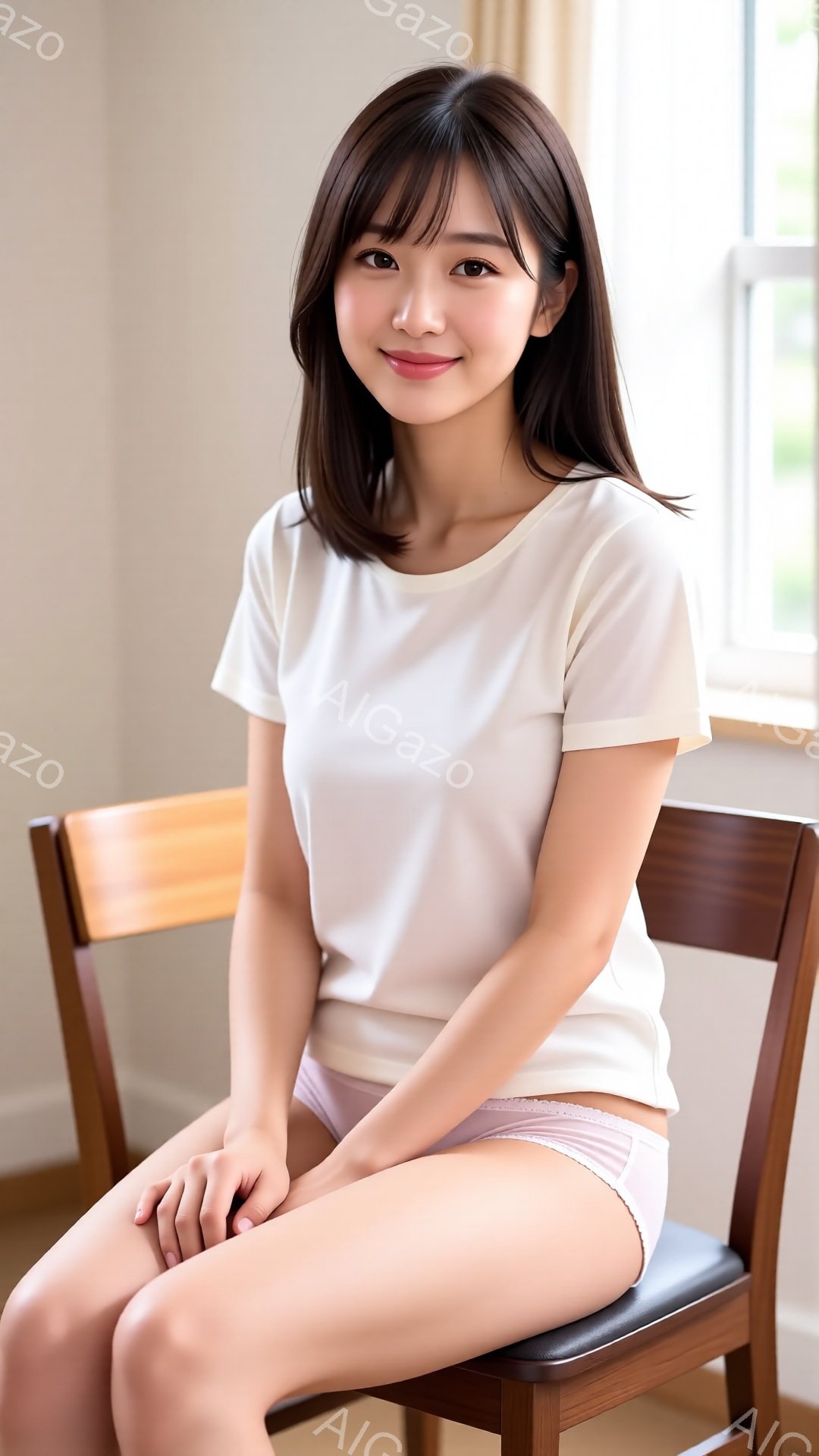 長いダークブラウンの髪を肩のあたりでカットした女性が椅子に座っています。白いTシャツと薄いピンク色の下着を着用し、少し微笑んでいます。背景には窓と淡い色の壁があり、全体的に穏やかで自然な雰囲気です。