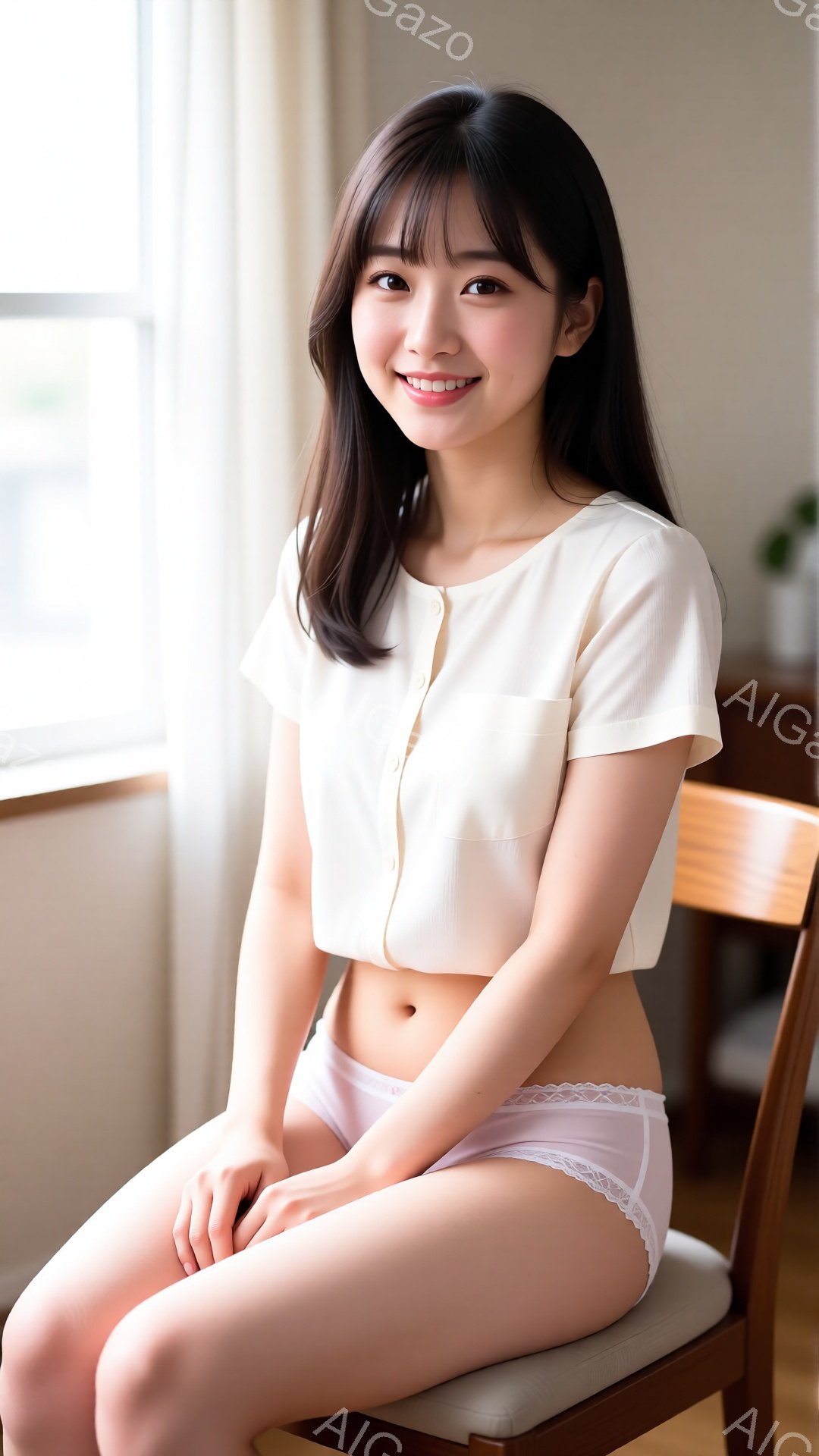 黒髪で前髪を下ろした若い女性が、短い丈の白いシャツと淡いピンクのパンツ姿で椅子に座っています。彼女は微笑んでおり、リラックスした雰囲気です。背景には窓と家具が見え、室内で撮影されたことがわかります。