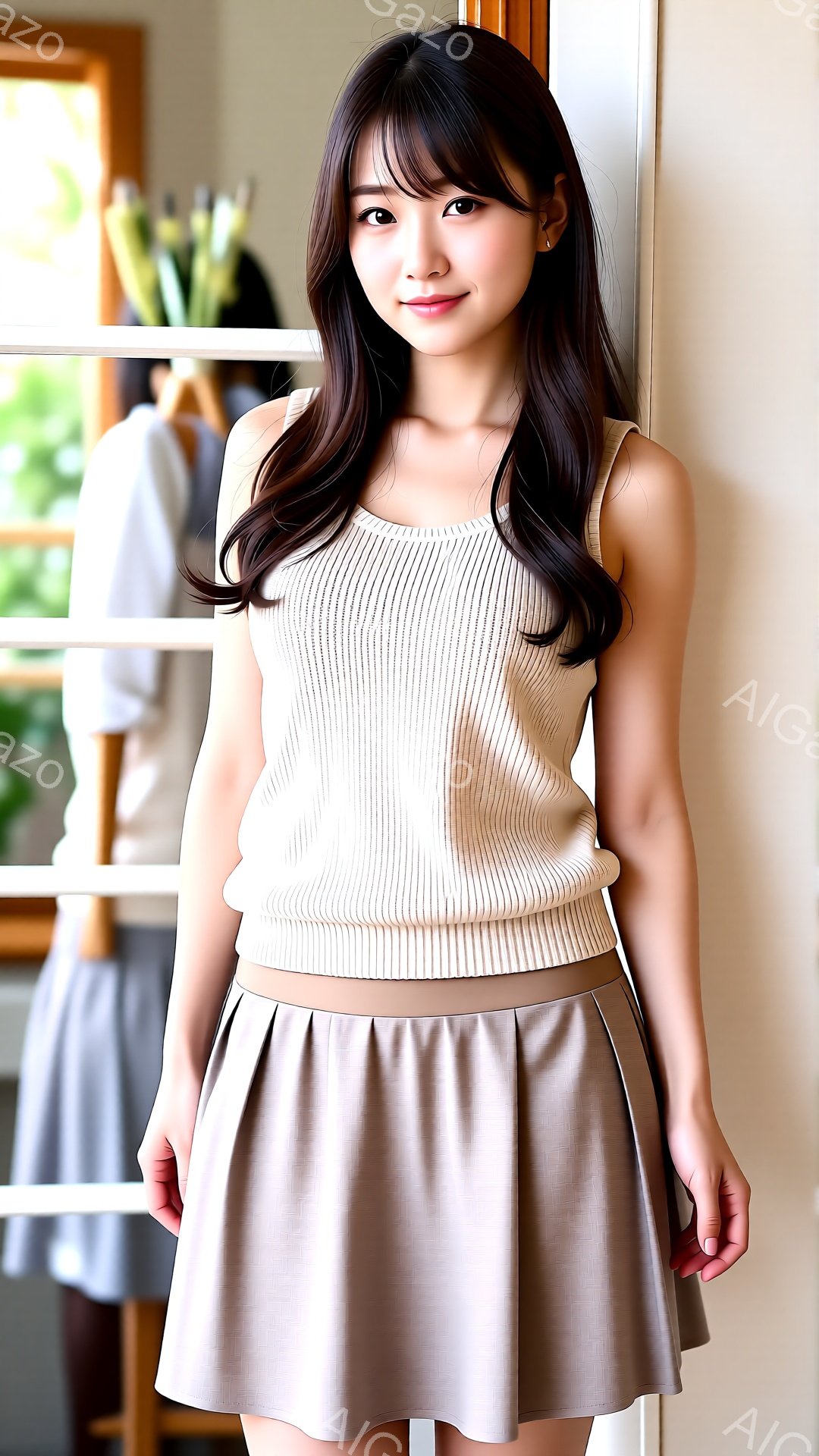 彼女はベージュのニットトップスと、同系の色のフレアスカートを身に着けています。肩まで届く黒髪は軽くウェーブがかかり、顔には穏やかな笑顔が浮かんでいます。背景には木製の棚と緑が見え、室内で撮影された、明 - AI生成フリー素材