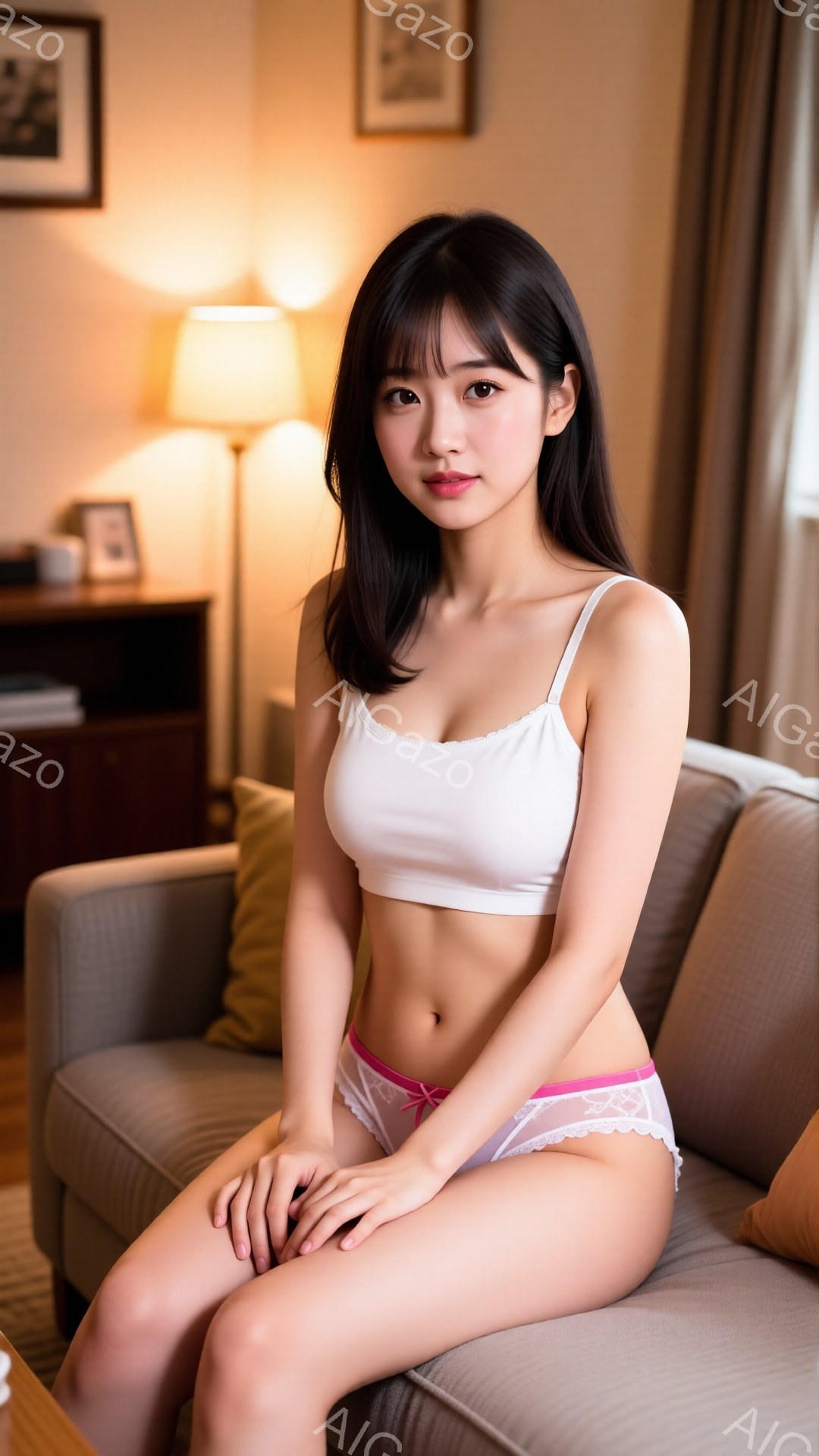 長い黒髪を肩にかけた若い女性が、薄いグレーのソファに座っています。白いキャミソールとピンクのレースのパンツを身につけ、リラックスした表情で膝を組み、わずかに微笑んでいます。背景には木製のキャビネット、絵画、温かい光の照明があり、リビングルームの穏やかな雰囲気が漂っています。