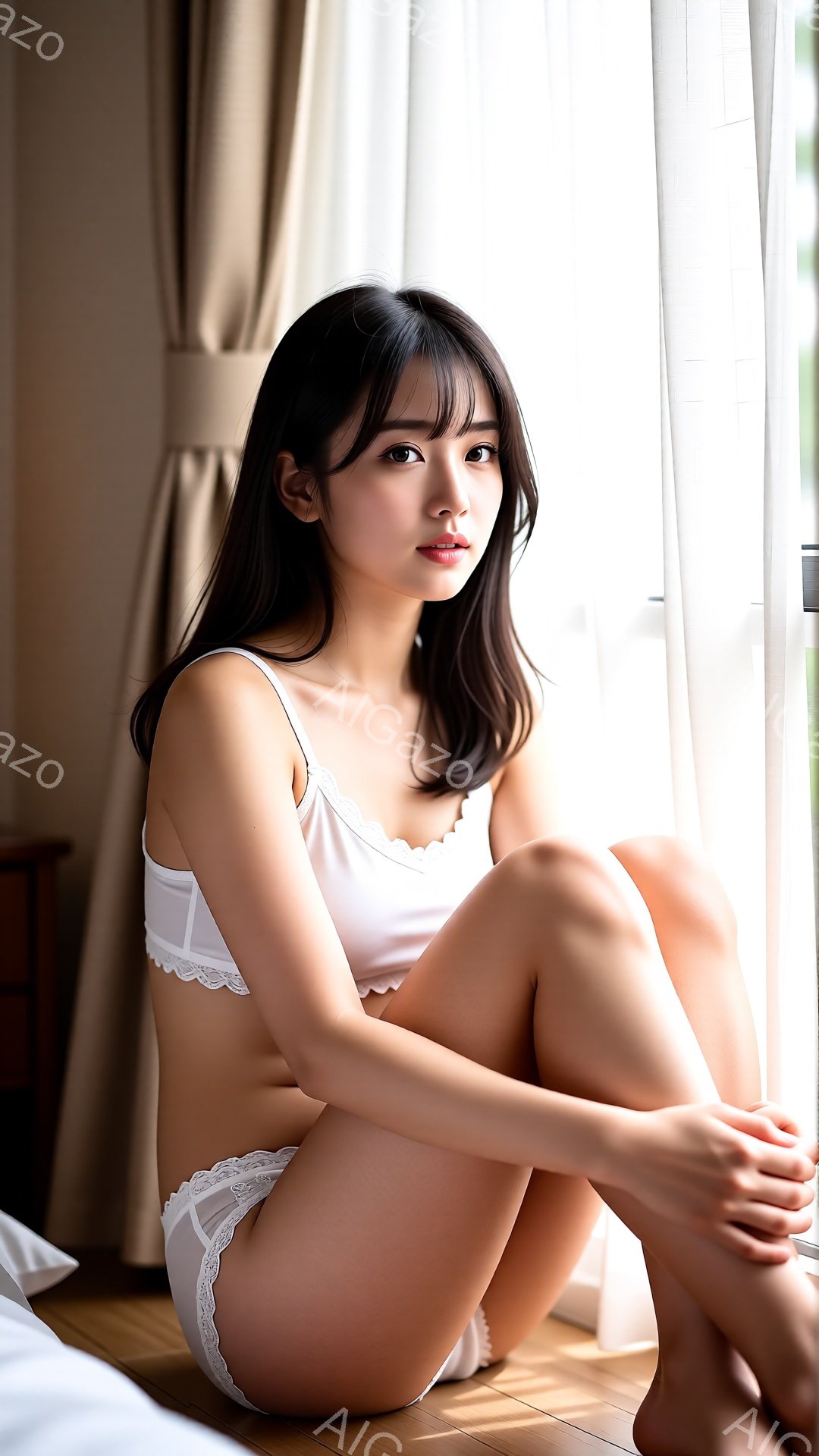 長い黒髪で前髪を作った若い女性が、白いレースのブラとショーツを身に着けて床に座っています。彼女は膝を抱え、少し微笑みながらカメラを見ています。背景には木製の家具と窓からの自然光があり、全体的に穏やかで - AI生成フリー素材