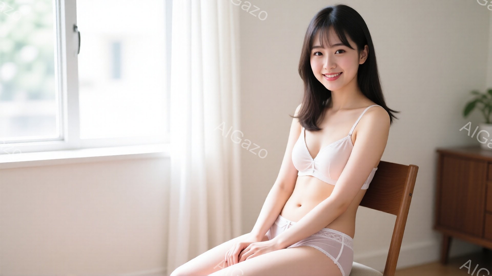 長い黒髪で、軽く微笑んでいる若い女性が椅子に座っています。淡いピンク色のブラジャーとショーツを身につけ、リラックスしたポーズをとっています。背景には窓と木製のキャビネットがあり、室内は明るく、穏やかな - AI生成フリー素材