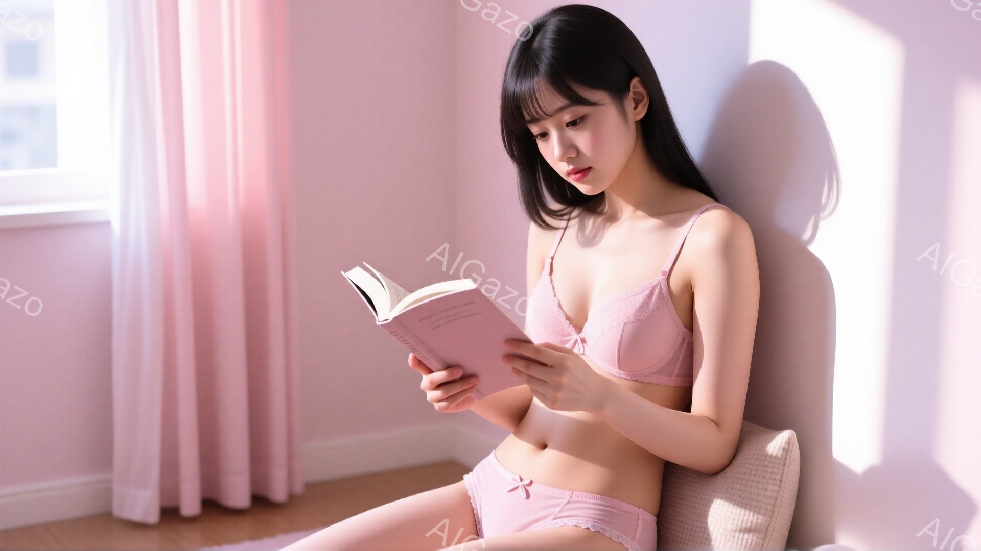 長い黒髪の女性が、薄いピンク色のブラとショーツ姿で、膝を抱えながら椅子に座って本を読んでいます。彼女は、少し微笑んでおり、リラックスした表情をしています。背景は薄いピンク色のカーテンと壁で、柔らかく暖かい雰囲気を醸し出しています。