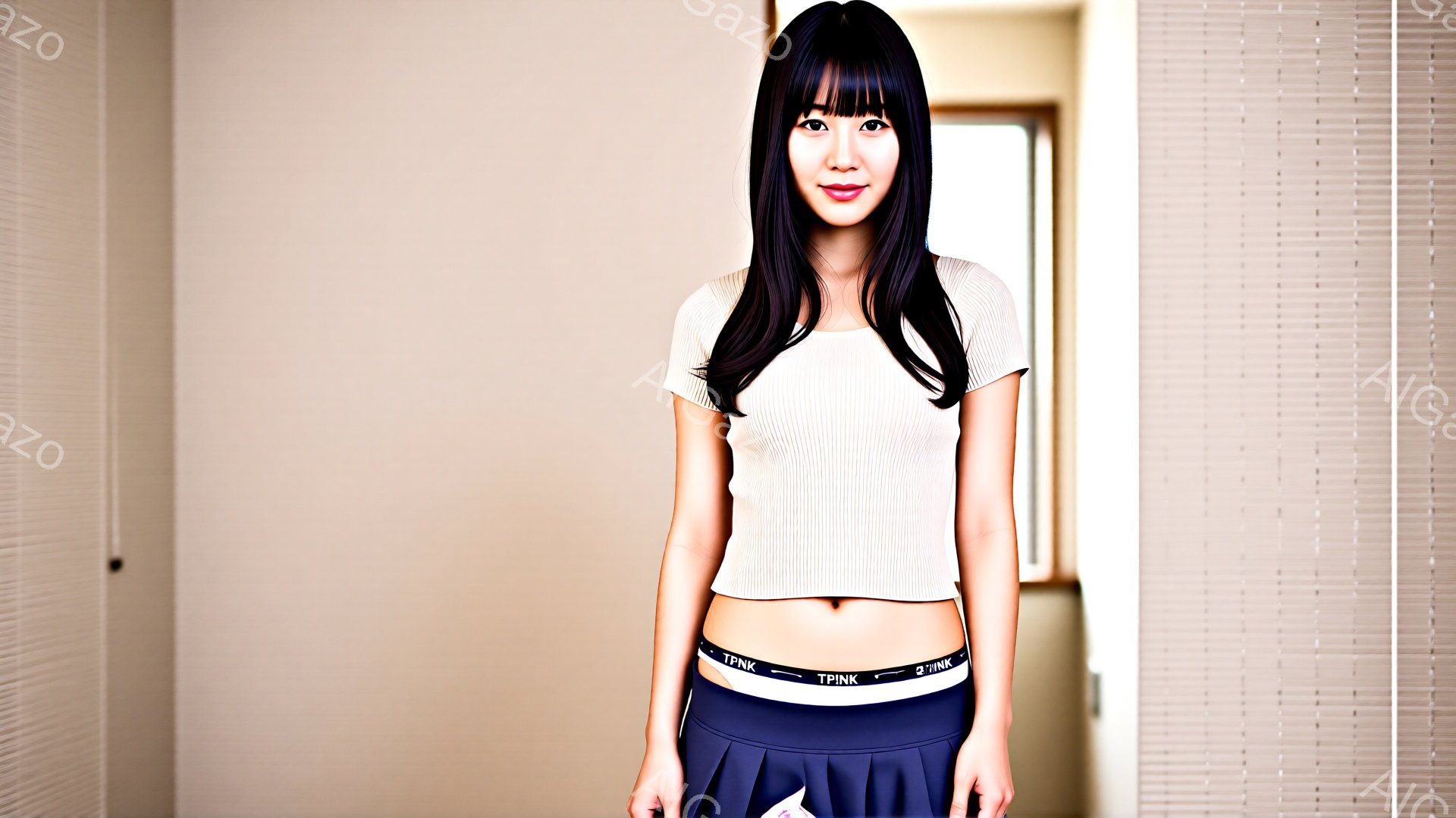 長い黒髪で前髪が眉毛にかかる女性が立っています。彼女はクリーム色の短いトップスと紺色のスカートを着用し、ウエストバンドには「TPINK」と書かれています。背景は薄いグレーの壁で、縦の溝が入っており、落 - AI生成フリー素材