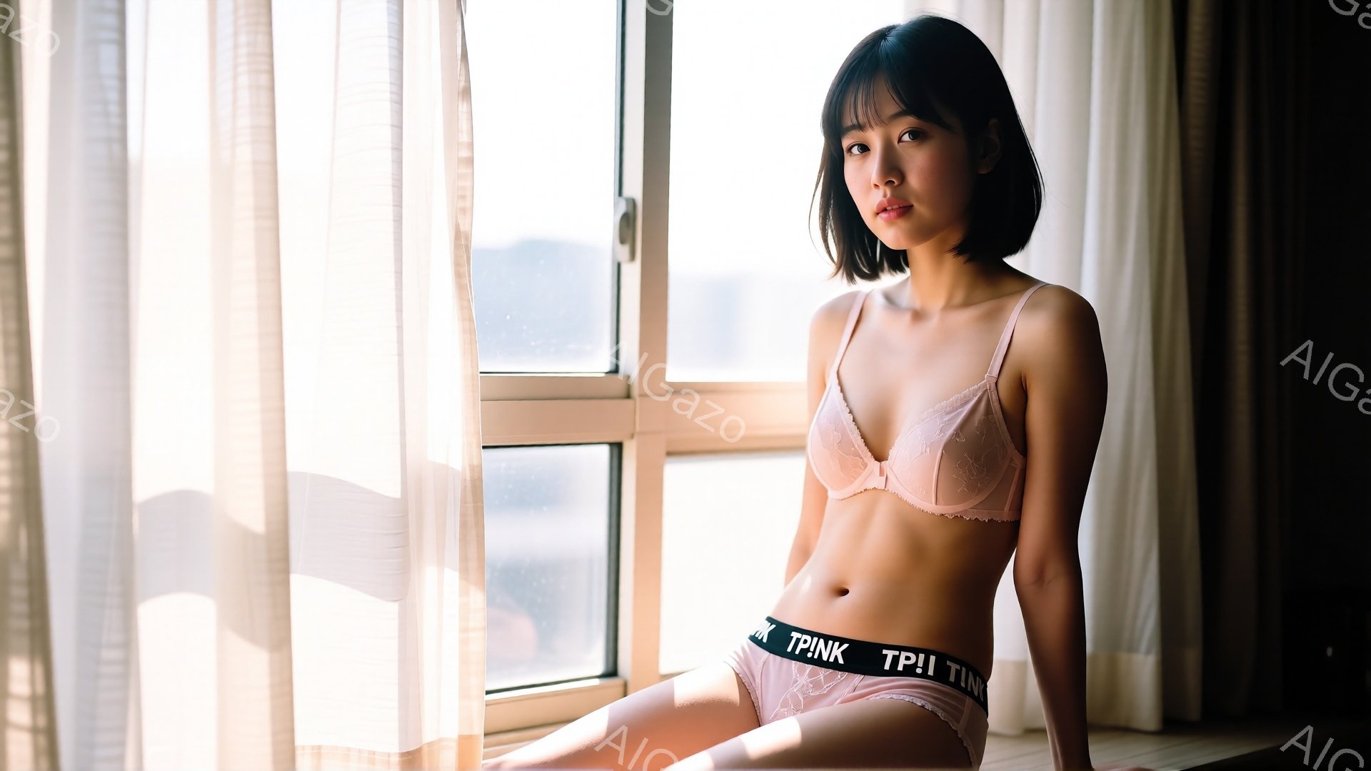 長い茶色の髪を持つ若い女性が、レースのブラジャーとピンクのパンツ姿で、窓辺に座っています。彼女は少し悲しげな表情で、リラックスした姿勢で座り、太陽の光が彼女の肌を照らしています。背景は明るく、窓からは - AI生成フリー素材