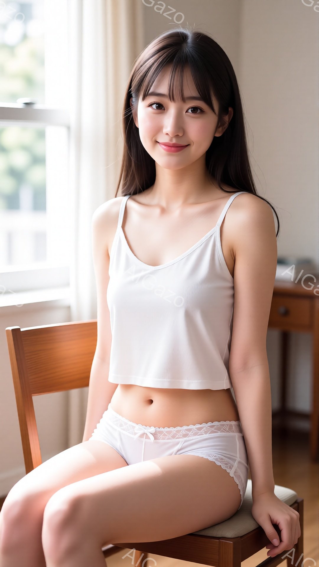 長い黒髪をセンターパートにした若い女性が、キャミソールとショーツ姿で椅子に座っています。彼女は微笑んでおり、リラックスした姿勢でカメラを見ています。背景には木製の家具と窓から差し込む自然光が見え、温か - AI生成フリー素材