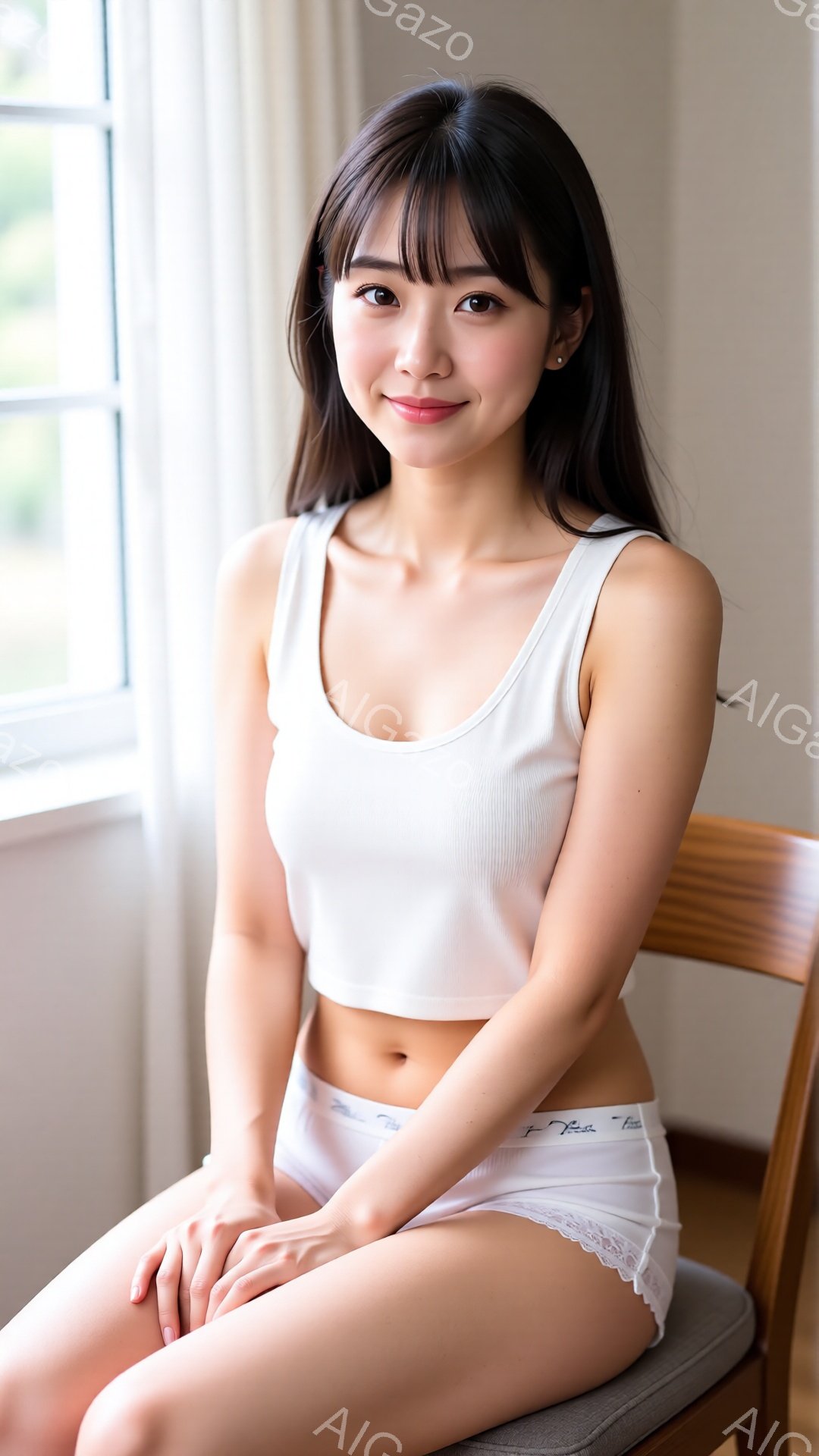画像は、明るい室内で椅子に座っている若い女性を捉えています。彼女は白いタンクトップと下着を着用し、黒い長い髪は肩にかかっています。彼女は微笑んでおり、リラックスした雰囲気で、背景には窓とわずかな緑が見 - AI生成フリー素材