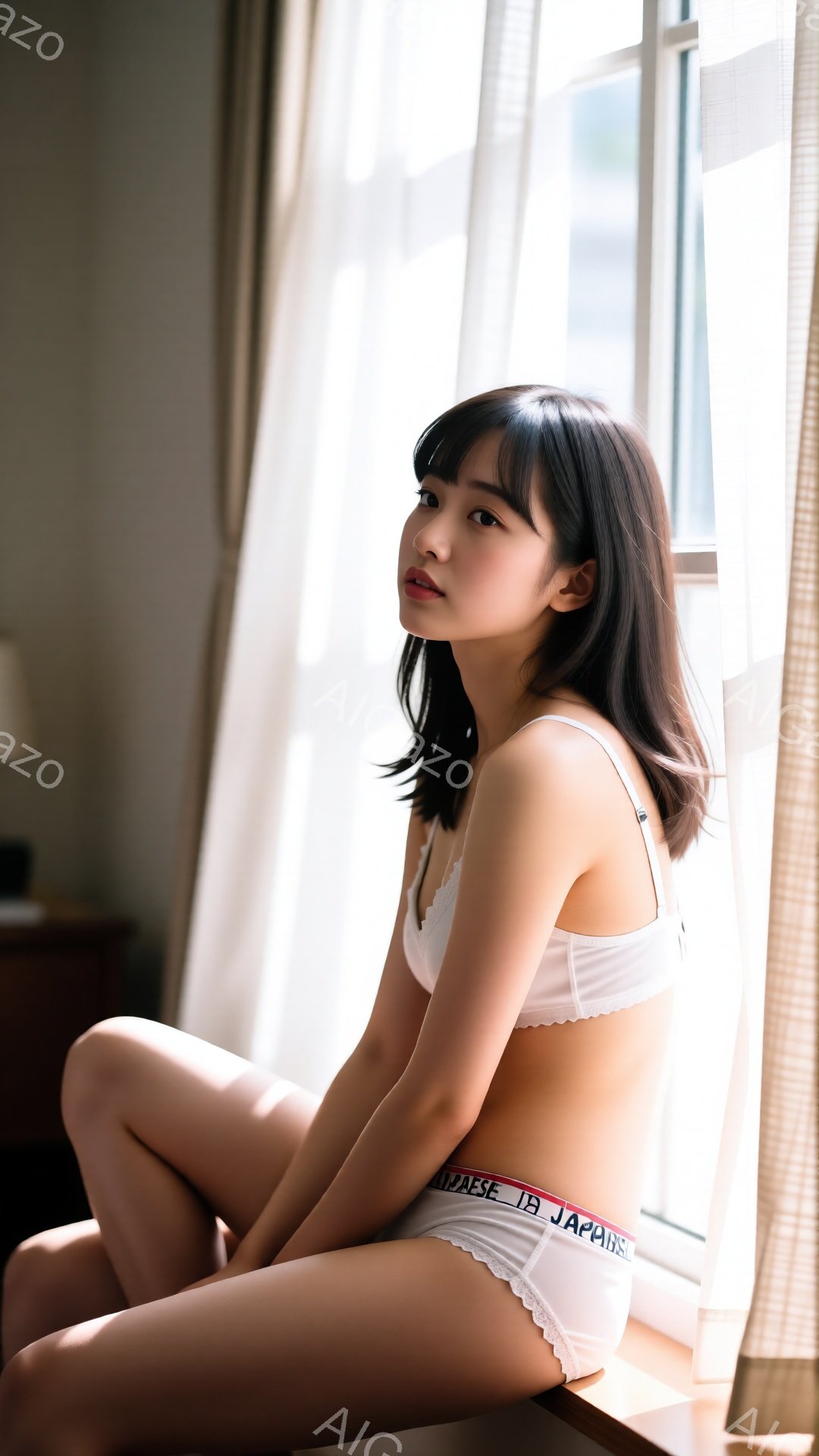 黒髪の女性が、白いキャミソールと下着を着用し、椅子に座ってこちらを見ている。彼女は微笑んでおり、リラックスした表情をしている。背景には木製の家具と窓があり、柔らかい光が差し込んでいる。 - AI生成フリー素材