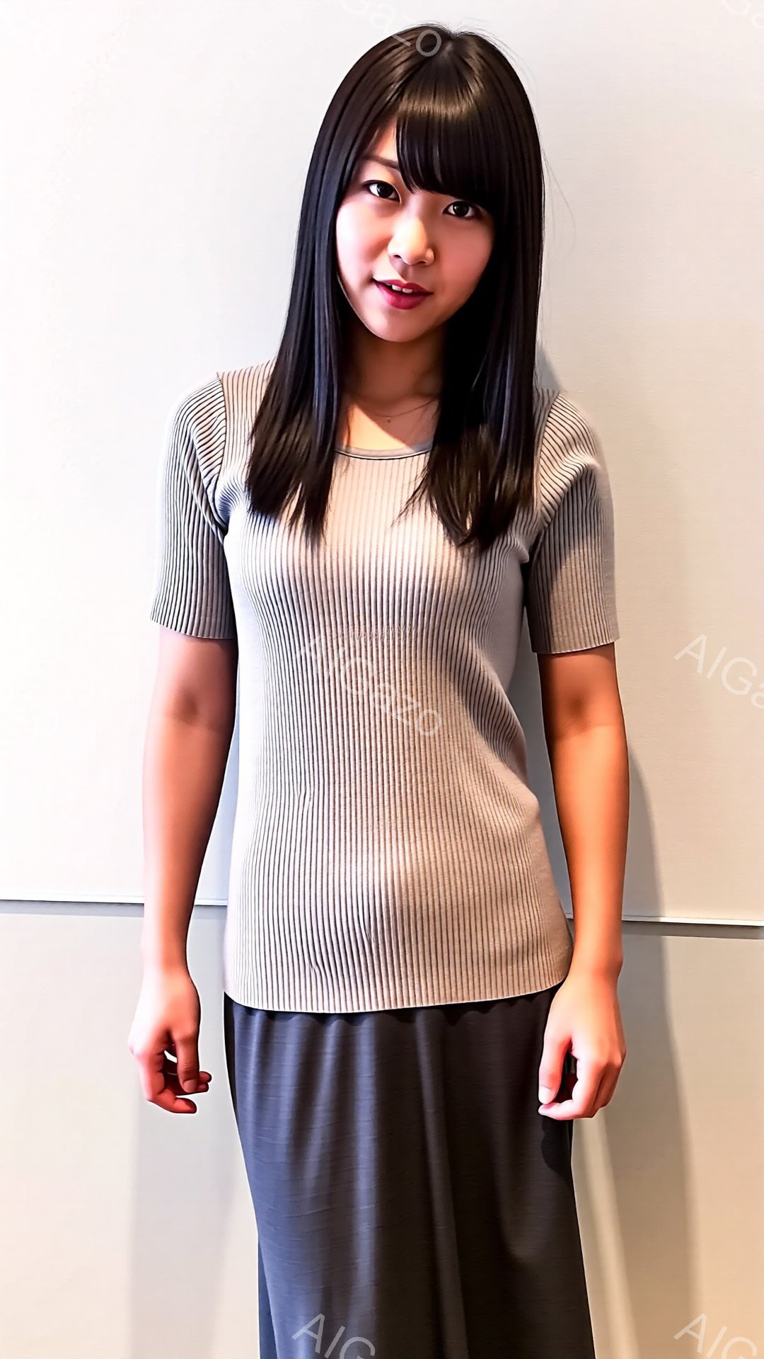 この女性はベージュ色のリブニットのトップスと、濃いグレーのロングスカートを着用しています。ストレートで肩にかかるくらいの黒髪で、少し微笑んだ表情をしています。背景は白っぽい壁で、人物に焦点が当たっており、全体的に落ち着いた雰囲気です。