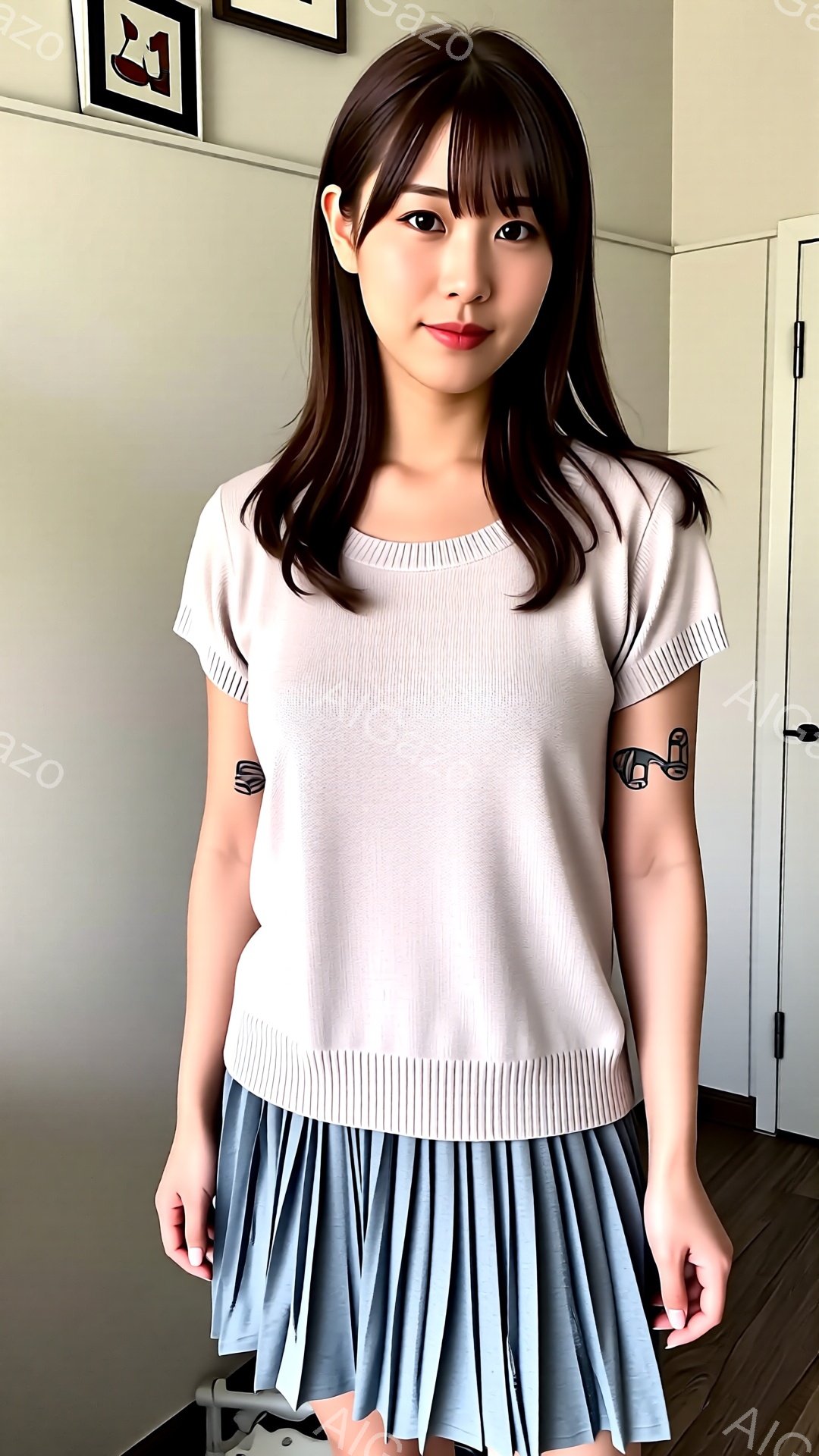 長い黒髪で、前髪は眉毛にかかるように流されています。ベージュ色のニットトップスと、プリーツのスカイブルーのスカートを着用しており、やや微笑んだ表情をしています。背景は白い壁とドアがあり、暖かくシンプル - AI生成フリー素材
