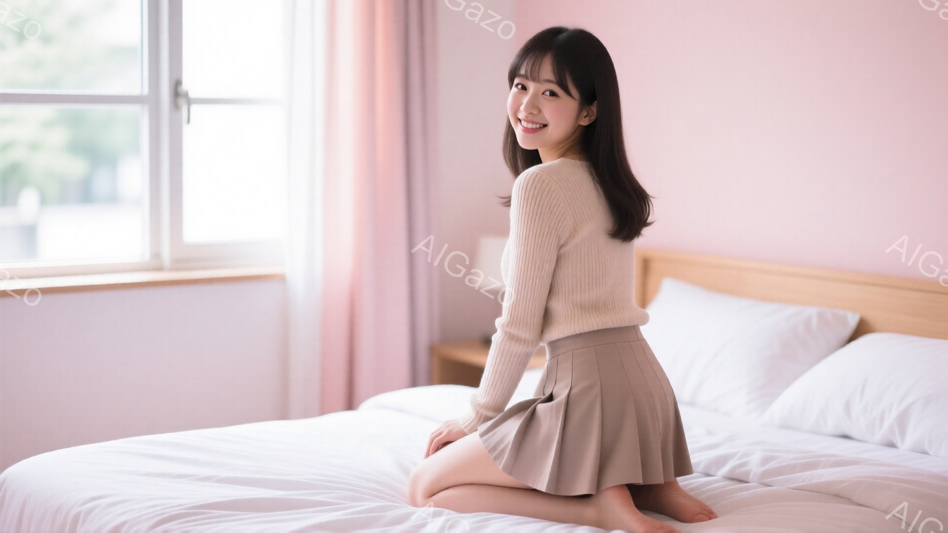 明るい茶色のセーターと、同系の色のフレアスカートを身につけた女性が、白いベッドの上で膝をついて座っています。彼女は微笑んでおり、黒髪のストレートヘアが肩にかかっています。背景には、窓からの自然光が差し込み、クリーム色の壁とシンプルな木製のナイトスタンドが見えます。