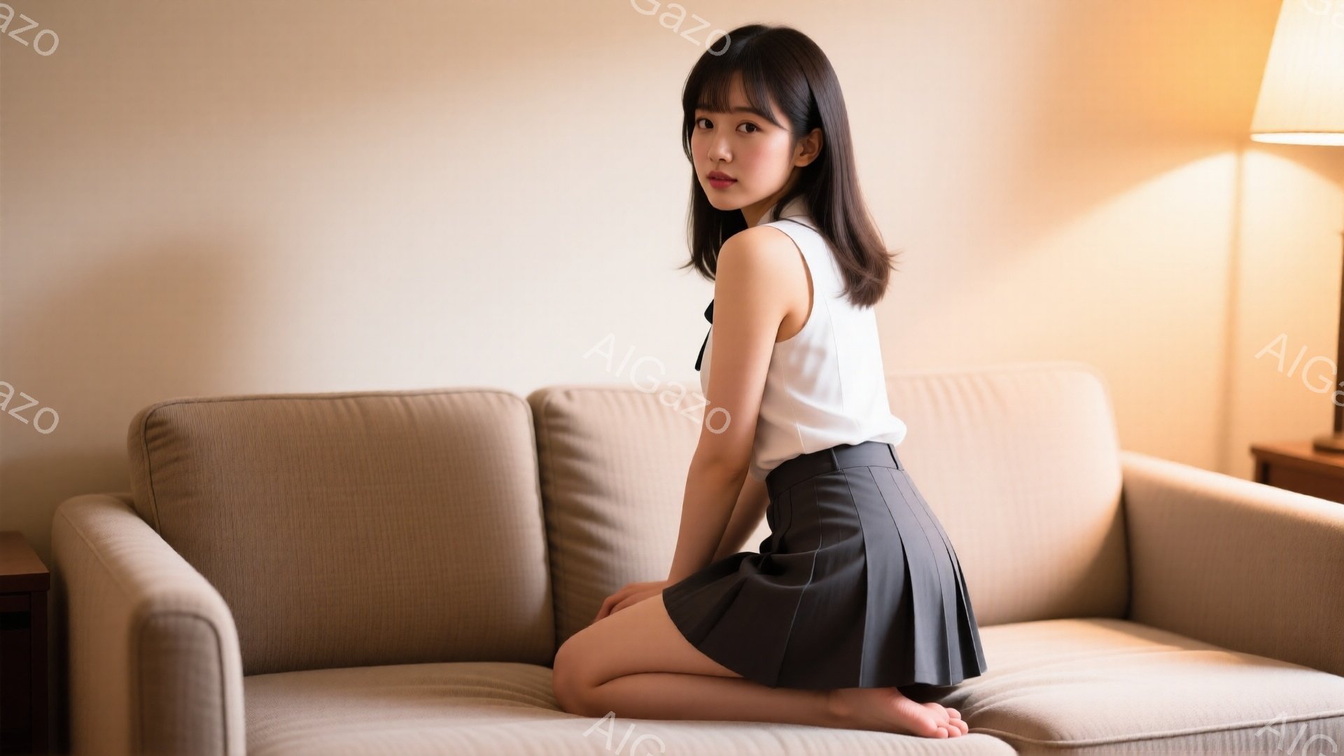 茶色のソファに座っている若い女性が写っています。彼女は白いタンクトップと黒のプリーツスカートを身に着け、長い黒髪は肩にかかっています。彼女は後ろを振り向いて微笑んでおり、足はむき出しになっています。