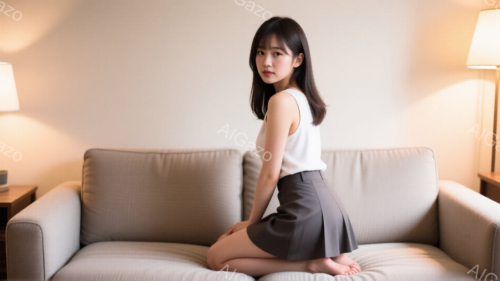 若い女性がベージュ色のソファに膝をついて座っています。白いタンクトップとダークグレーのミニスカートを身に着け、長い黒髪は肩にかかっています。彼女はカメラに向かって少し振り返り、控えめな表情を浮かべてい - AI生成フリー素材