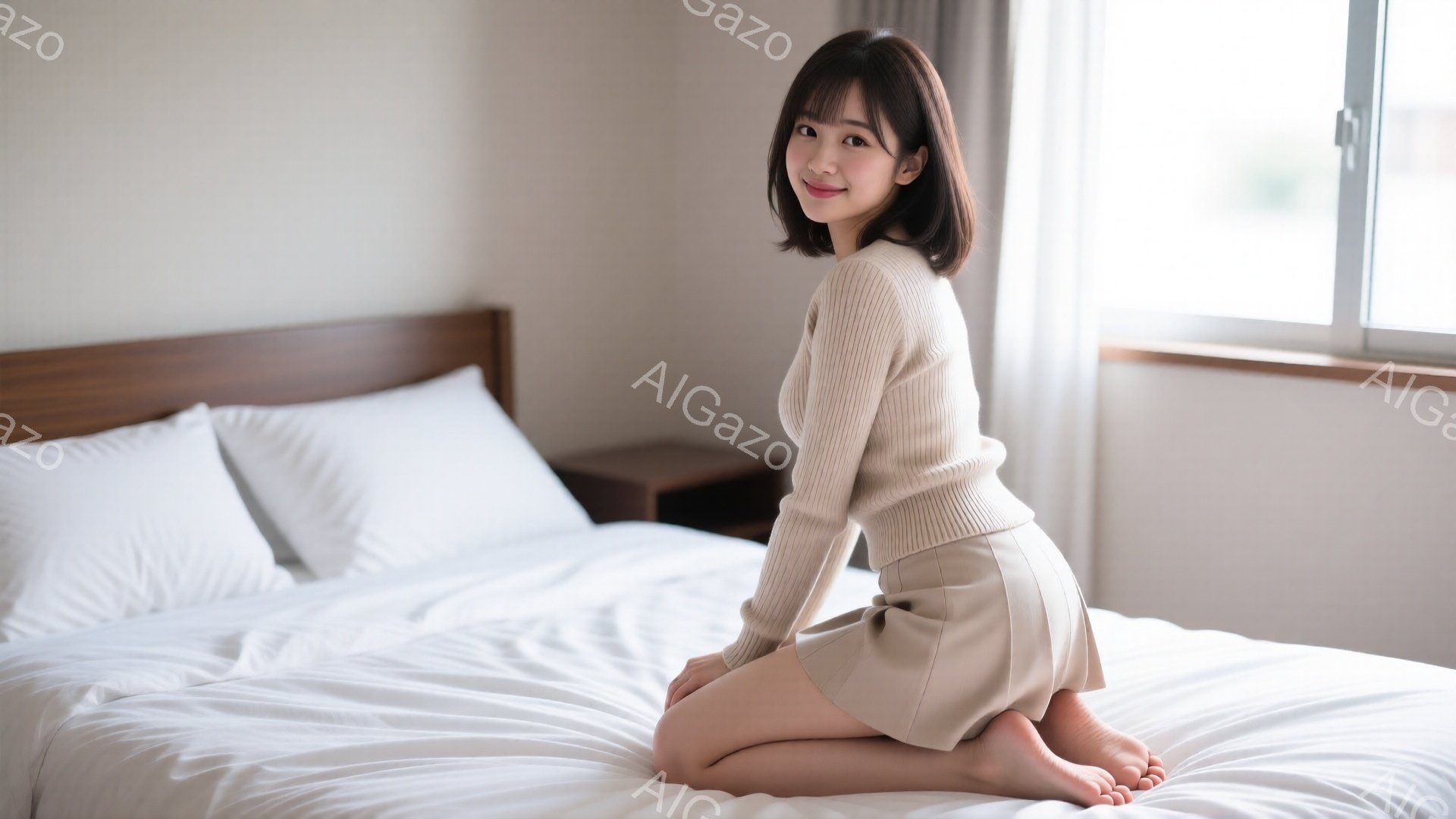 明るい室内で、ベージュの長袖セーターとショートスカートを着用した若い女性がベッドの上に膝をついて座っています。彼女は微笑んでおり、ブラウン系のヘアスタイルで、自然なメイクを施しています。背景には白いベ - AI生成フリー素材