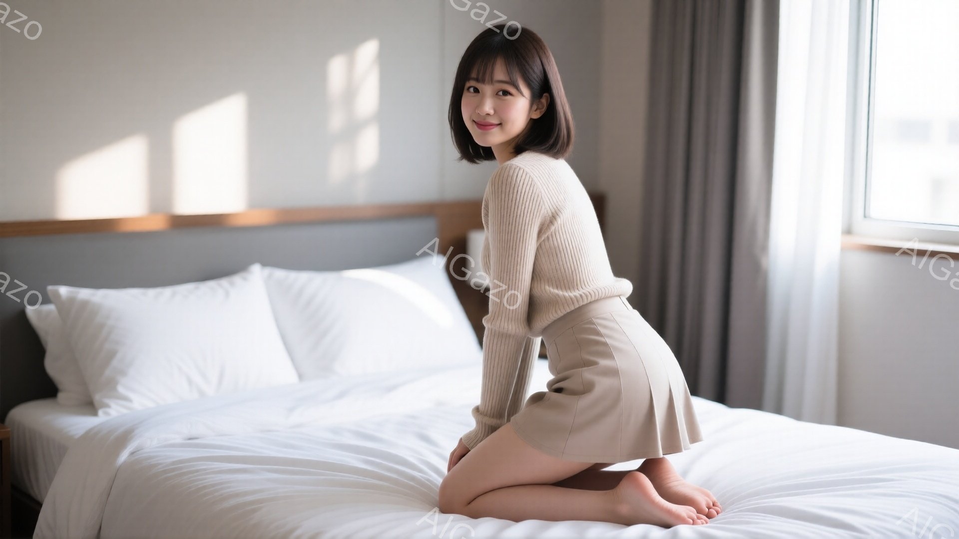 モデルはベージュ色の長袖トップスとミニスカートを着用し、ベッドの上で膝をついてポーズをとっています。彼女は短い黒髪で、笑顔を見せており、リラックスした雰囲気が漂っています。背景には窓からの自然光が差し込み、白いベッドとカーテンが清潔感のある空間を作り出しています。