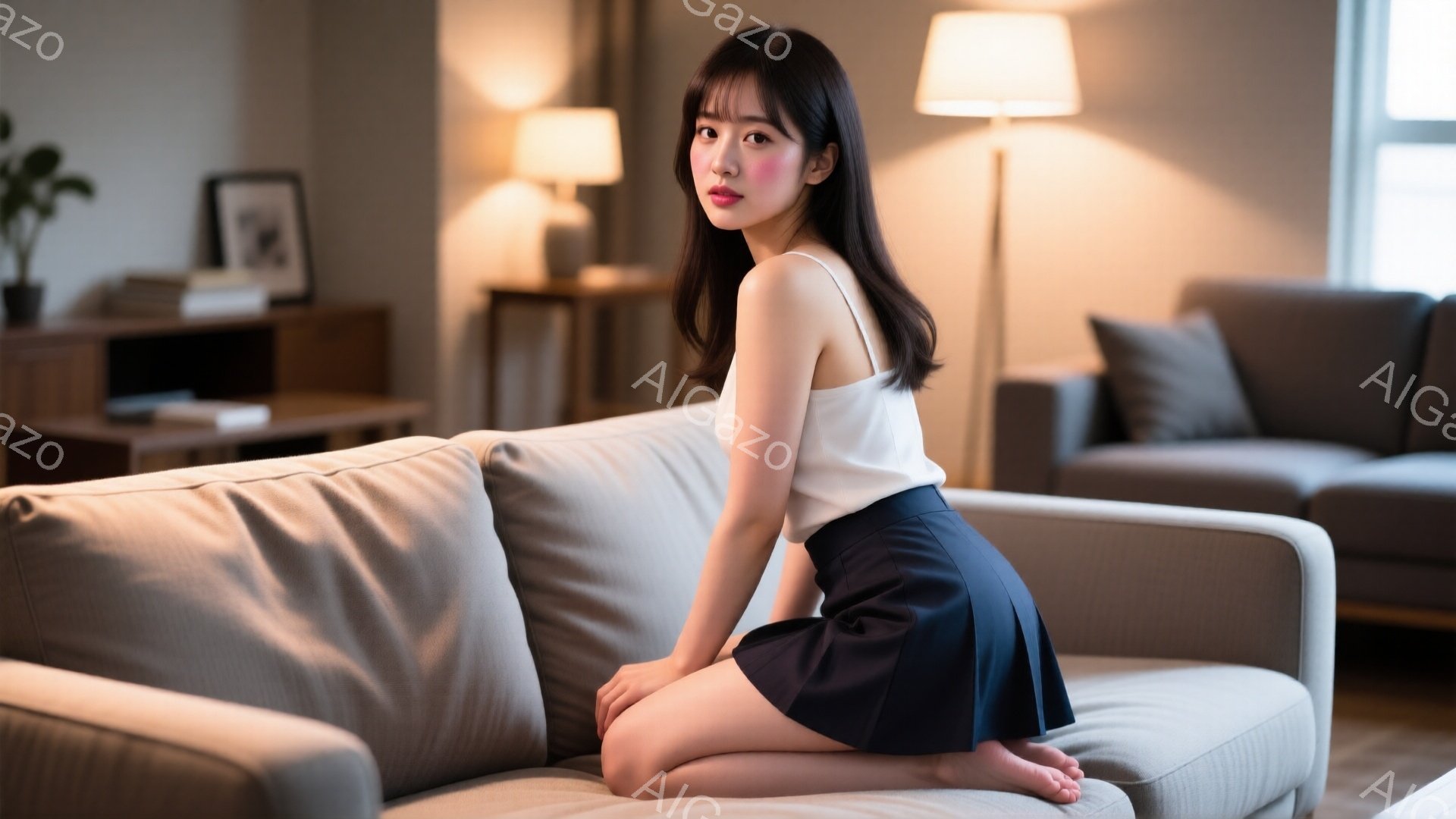彼女は白いタンクトップと黒いスカートを身に着けて、ベージュ色のソファに膝を曲げて座っている。長く艶やかな黒髪は背中に流れ、顔は少しこちらを見て微笑んでいるように見える。背景には、間接照明と木製の家具が - AI生成フリー素材
