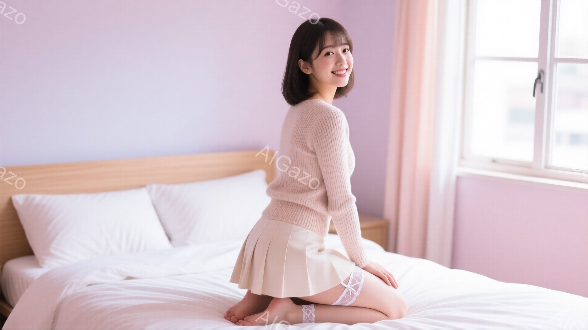 明るいベージュのセーターと白いプリーツスカートを身につけた女性が、白いベッドの上に座っています。彼女は微笑んでおり、リラックスした雰囲気で、足はむき出しになっています。背景には窓があり、淡い色の建物が - AI生成フリー素材
