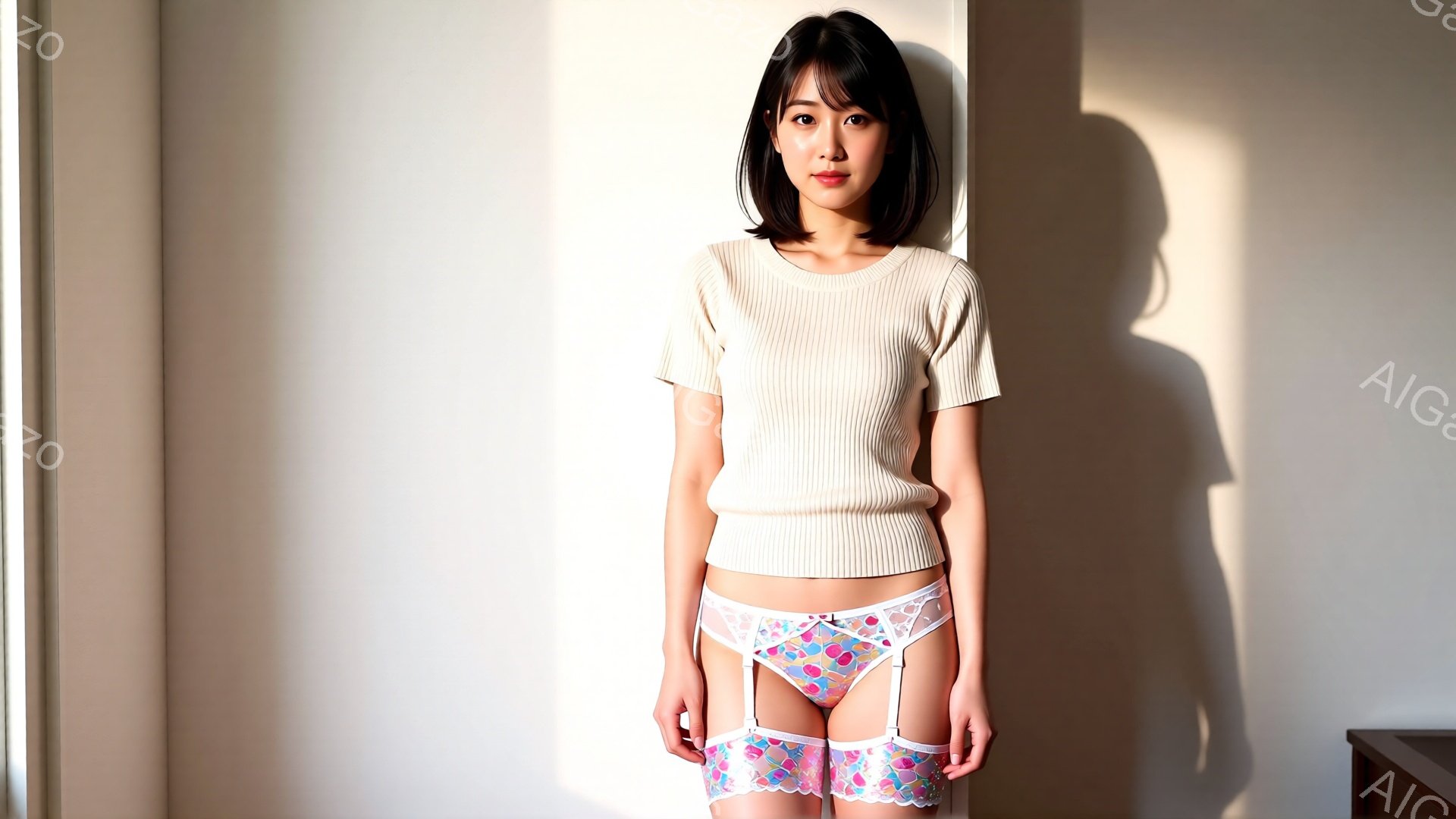 明るい室内で、ベージュ色のリブニットを着た若い女性が立っています。彼女は花柄の可愛らしいサスペンダーとショーツを身に着け、黒髪のストレートヘアで、少し微笑んだ表情をしています。背景は白い壁で、光の当たり方から、窓から強い光が差し込んでいることがわかります。