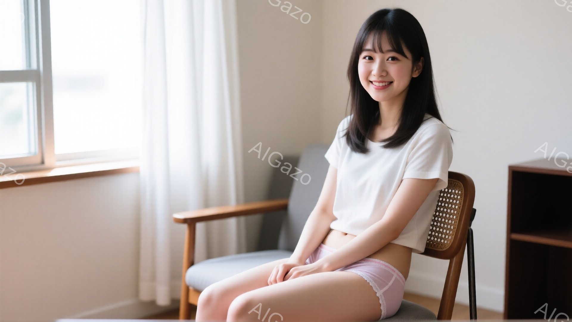 明るい室内で、女性が椅子に座ってこちらを見て微笑んでいます。白いTシャツとピンク色の下着を着ており、長い黒髪は肩にかかっています。背景には窓と木製の棚があり、全体的に穏やかで自然な雰囲気です。 - AI生成フリー素材