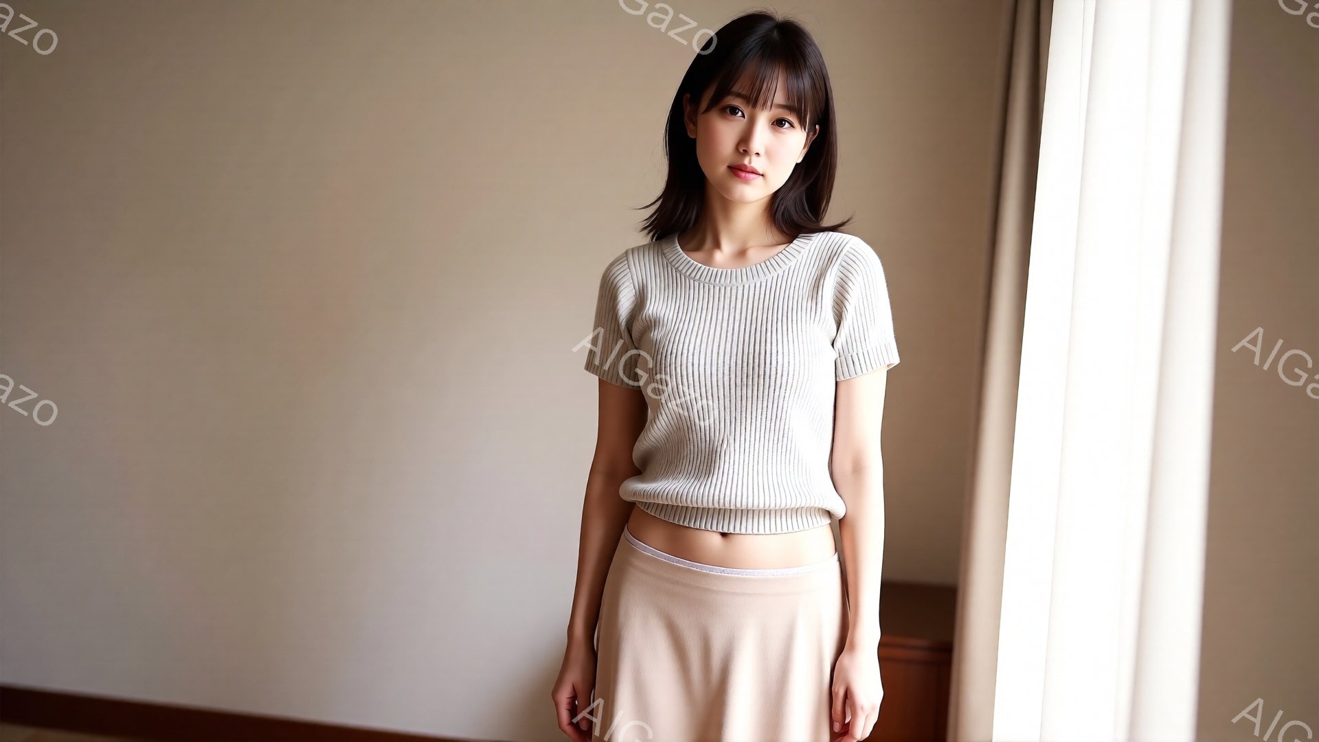 画像には、茶色の前髪のある女性が、ベージュ色のニットとスカートを身に着けて立っています。彼女はやや微笑んでおり、落ち着いた表情をしています。背景は柔らかいベージュ色の壁と、窓から差し込む光で、全体的に - AI生成フリー素材