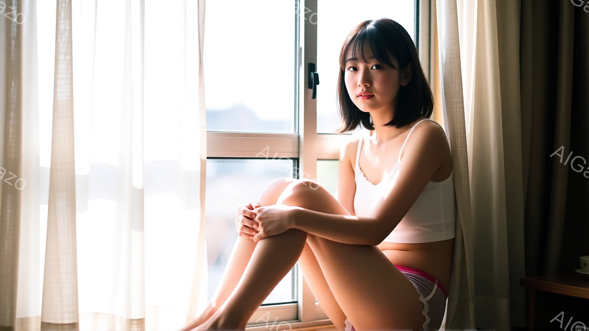 若い女性が窓辺に座り、膝を抱えています。白いタンクトップとピンクのショーツ姿で、短い黒髪は肩にかかる長さです。窓から差し込む光に照らされ、穏やかな表情でカメラを見ています。 - AI生成フリー素材