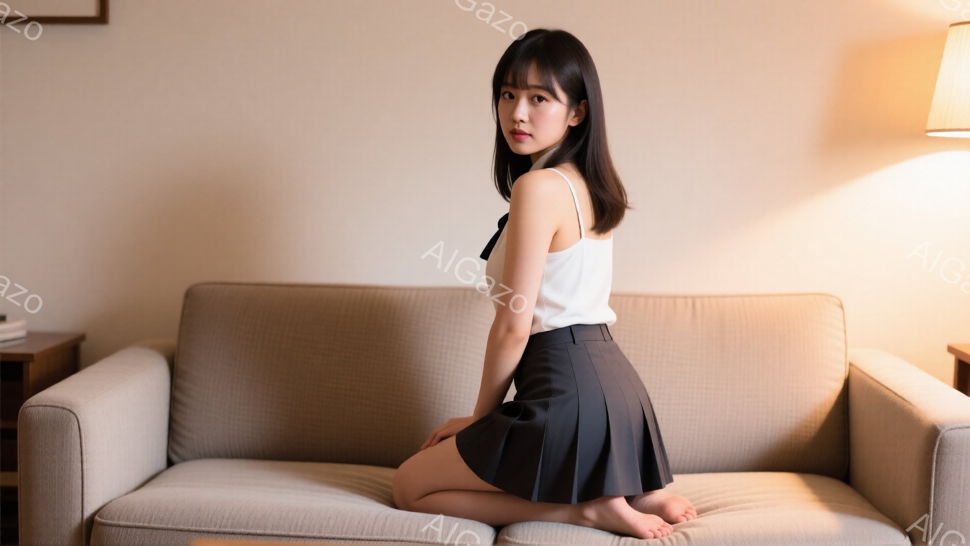 長い黒髪の女性がベージュ色のソファに膝を曲げて座っており、白いタンクトップと黒のプリーツスカートを着用しています。彼女はカメラの方を振り返り、わずかに微笑んでおり、表情は穏やかです。背景には木製のサイ - AI生成フリー素材