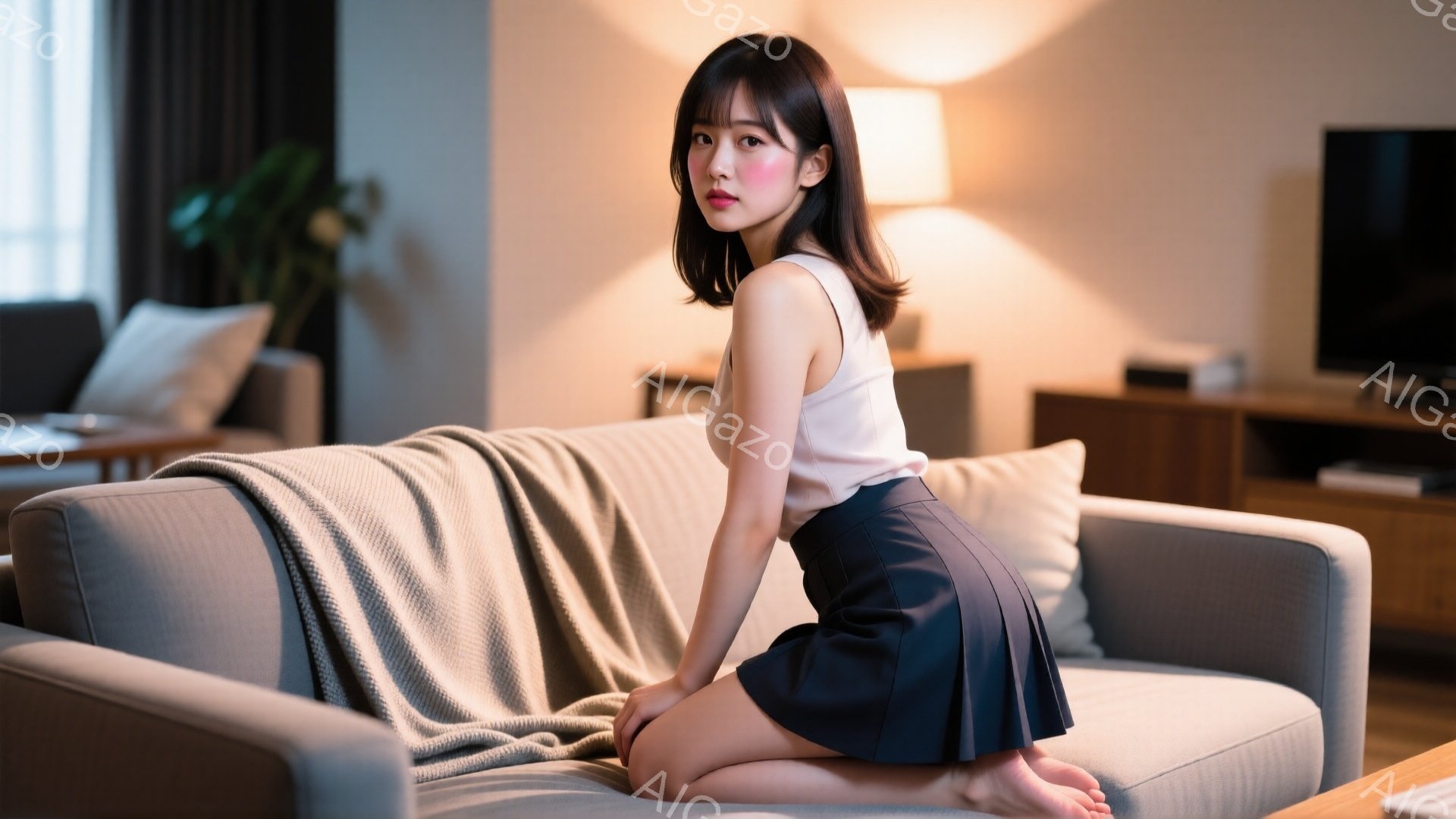 彼女は膝を曲げてソファに座り、薄いピンク色のタンクトップと濃い青色のスカートを身に着けています。肩まで届く黒髪はつやがあり、顔は少し青みがかっており、唇には薄いピンク色の口紅が塗られています。背景には木製のテレビ台、観葉植物、そして穏やかな光が差し込む窓が見え、リラックスした家庭的な雰囲気が漂っています。