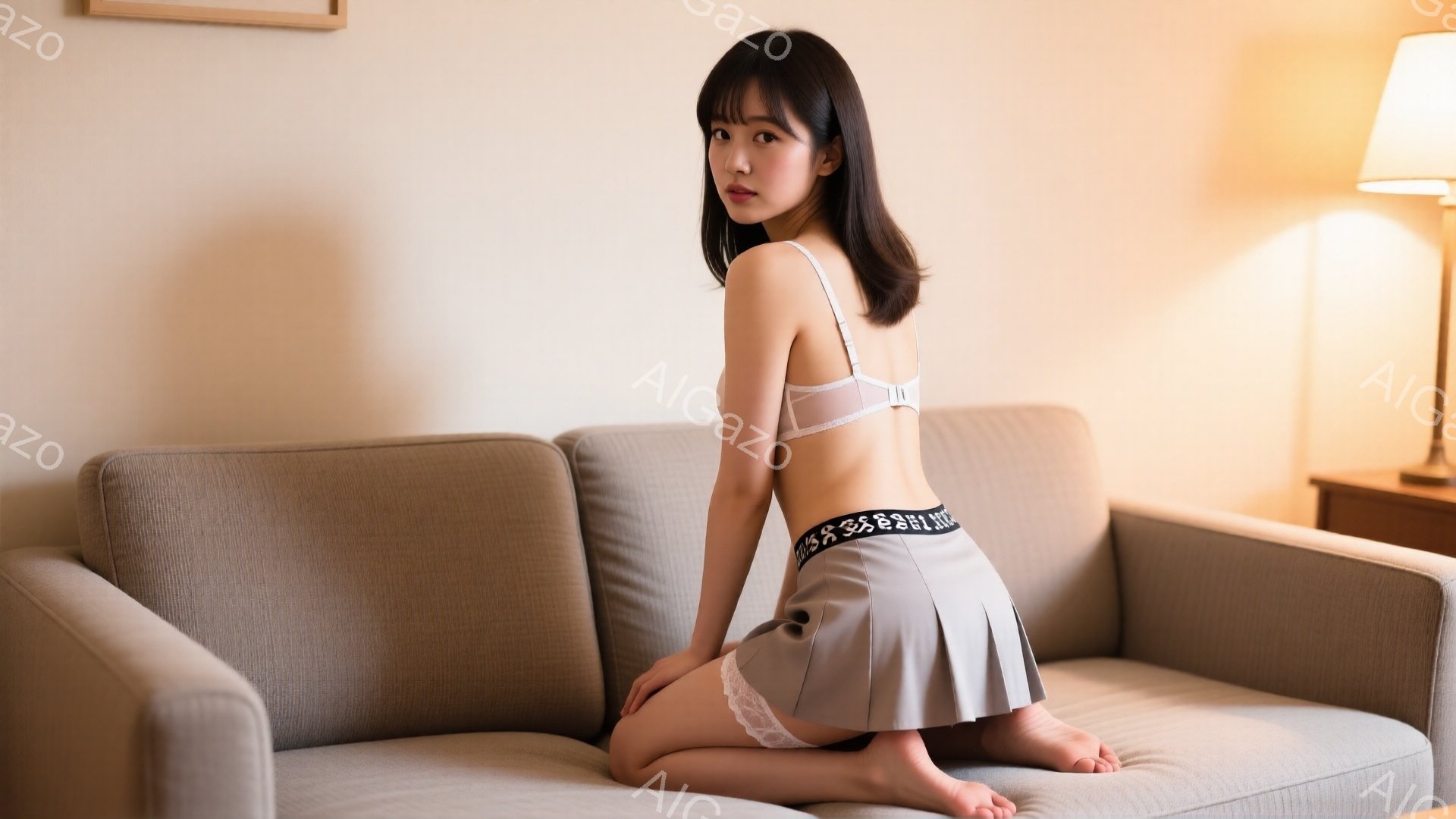薄い茶色のソファーに座っている若い女性が写っています。彼女は白いブラジャーと膝丈のグレーのプリーツスカートを着用し、足はソファーから床に伸ばされています。室内は明るく、背景にはランプと絵画が見え、リラックスした雰囲気が漂っています。