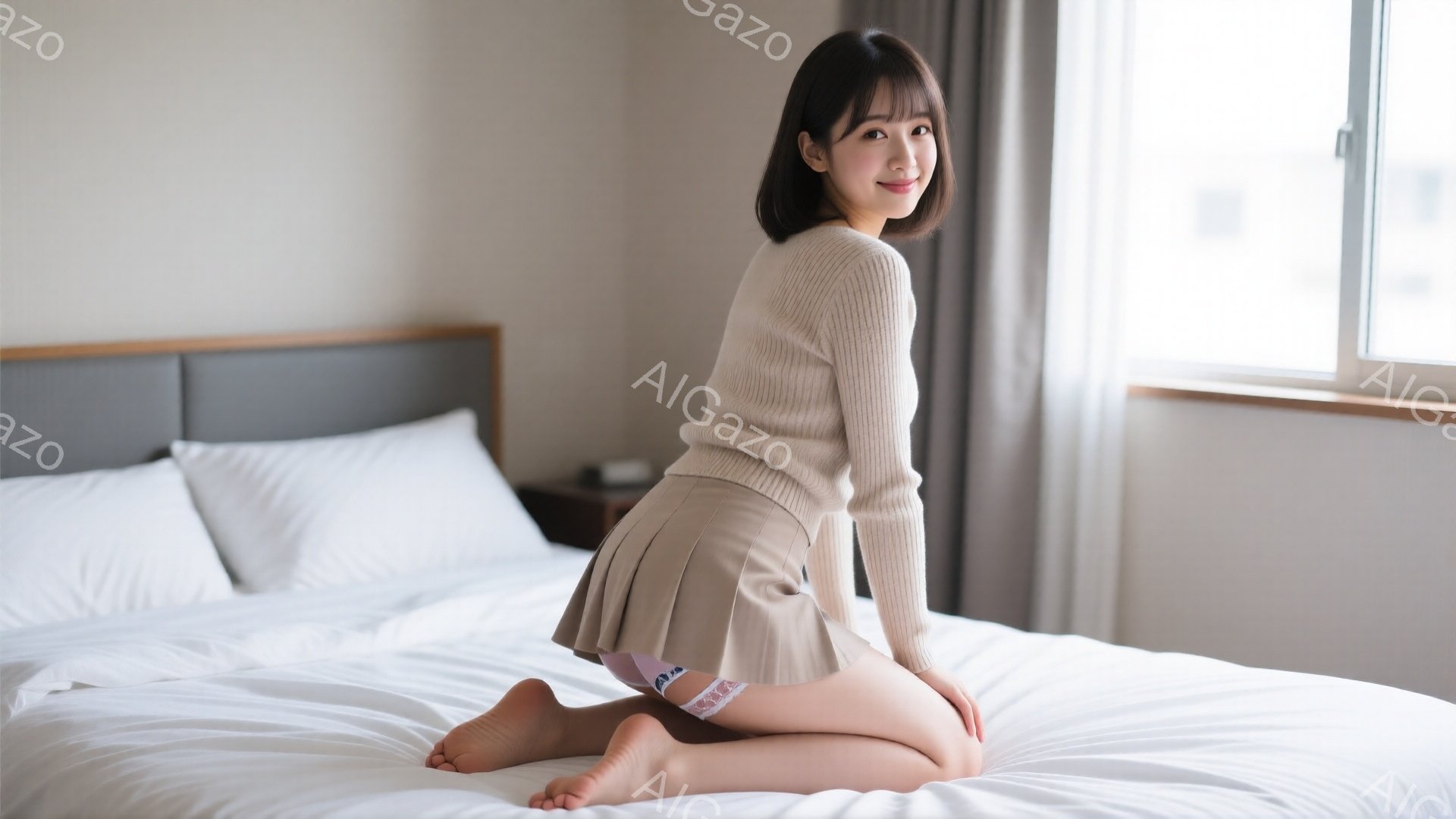 明るい室内で、茶色の髪を肩まで伸ばした女性がベッドにひざまずいて座っています。ベージュのセーターとプリーツスカートを身につけ、白い膝下ソックスを履いています。背景には白い枕と、窓から差し込む自然光が見え、全体的に温かくてリラックスした雰囲気です。