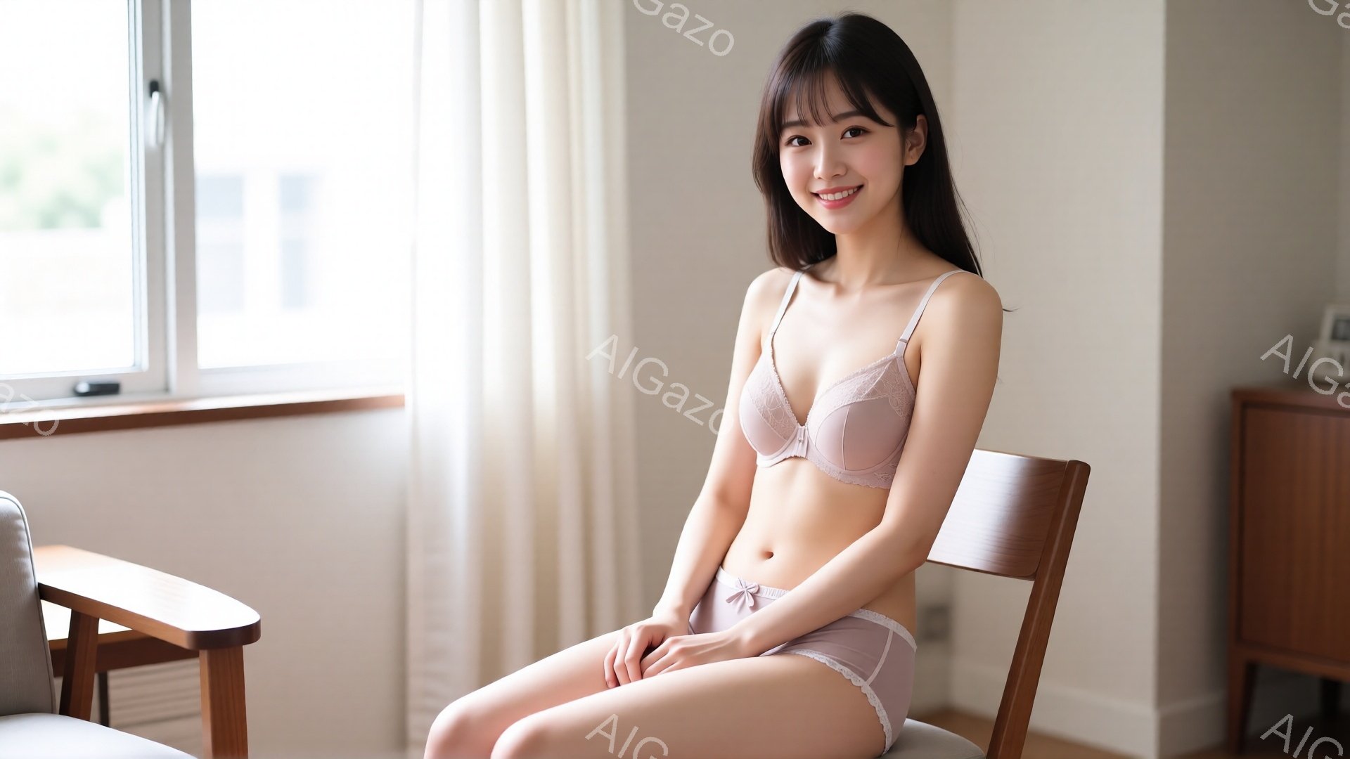 彼女は薄茶色のブラジャーとショーツ姿で椅子に座っており、穏やかな笑顔を浮かべている。髪は肩までの長さで、前髪は少しカールしている。背景には窓と白いカーテン、そして木製の家具が見え、部屋全体が明るく落ち着いた雰囲気である。